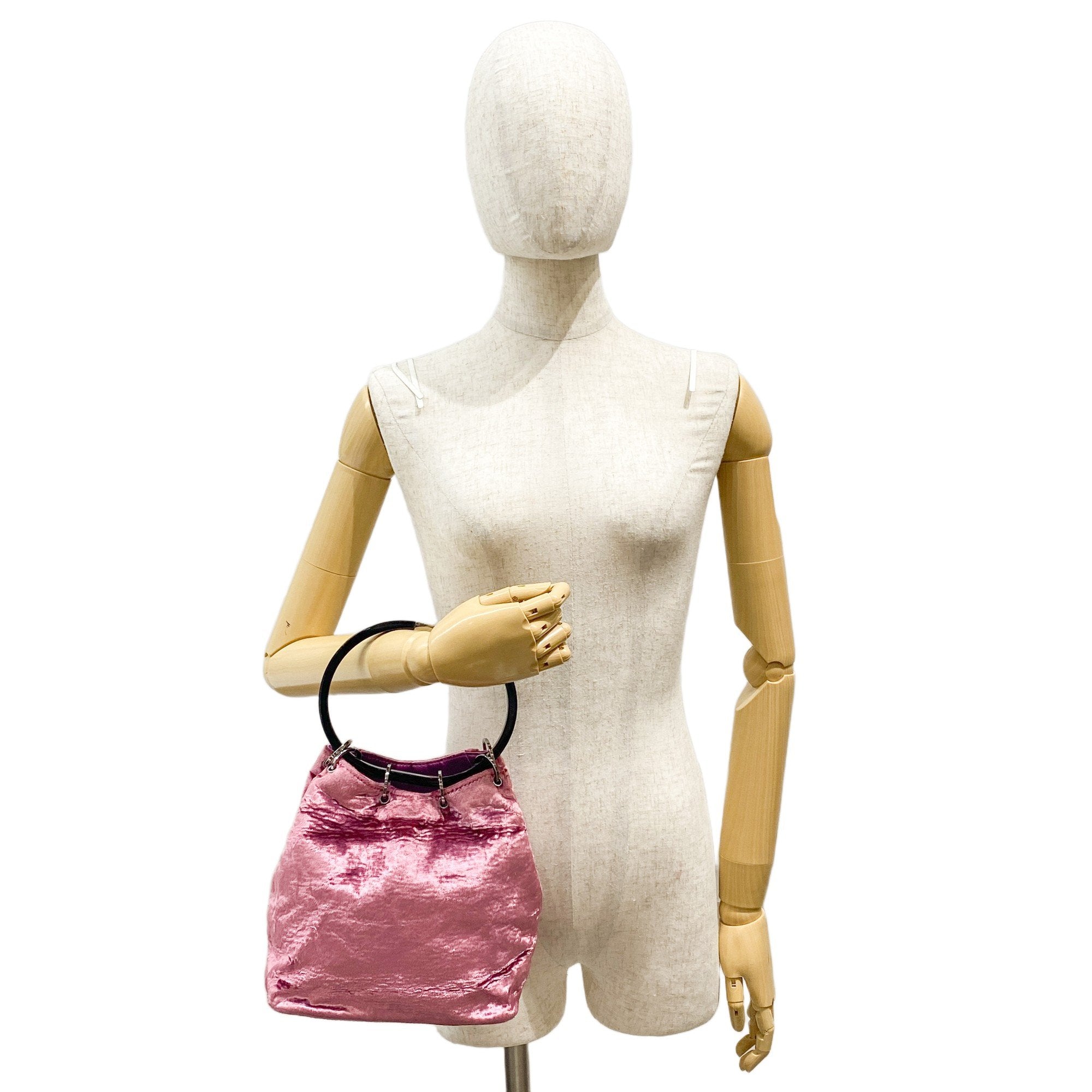 Pink Velvet Ring Handle Bucket Handbag