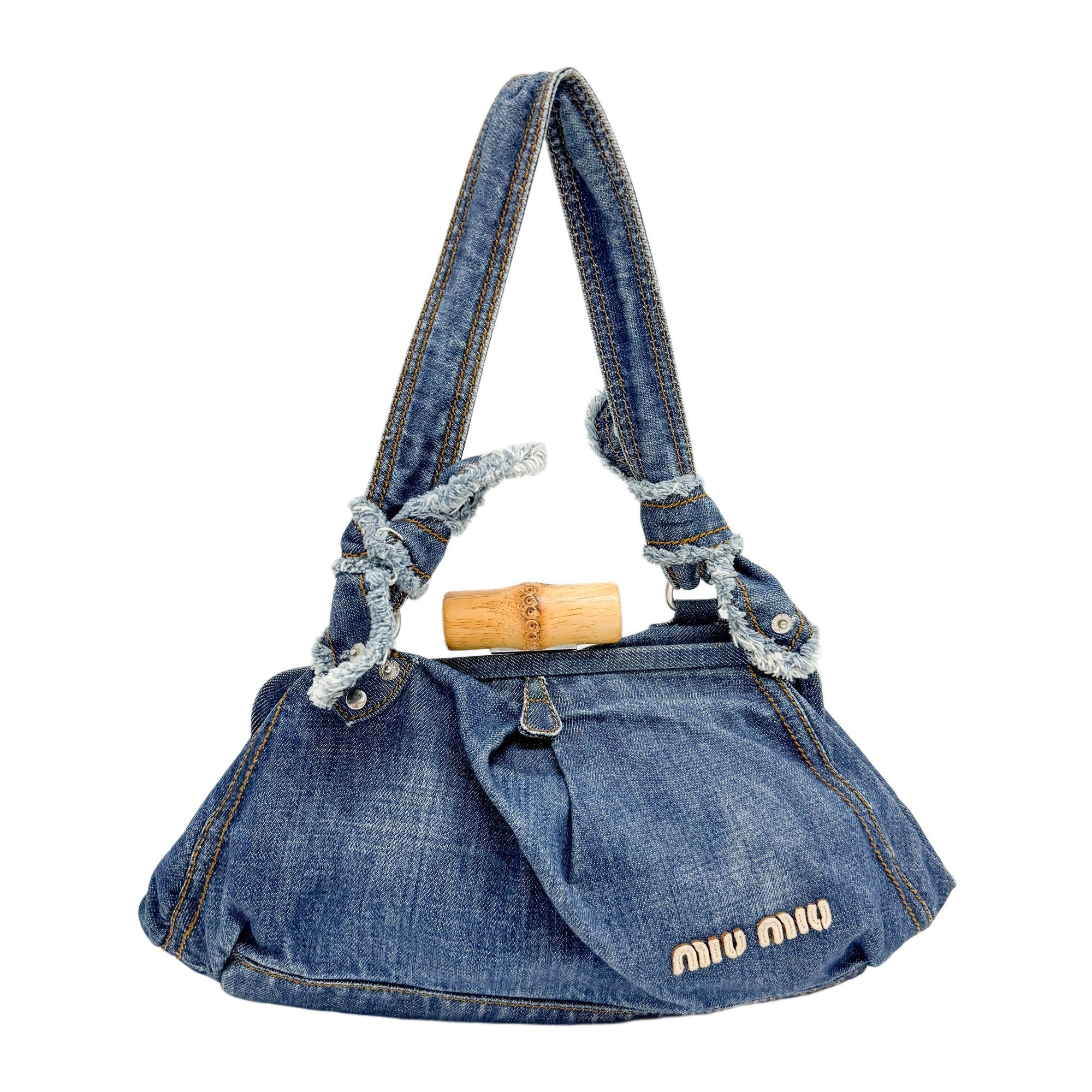 Navy Denim Bamboo Hardware Shoulder Bag