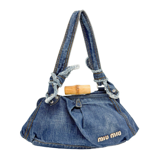 Navy Denim Bamboo Hardware Shoulder Bag