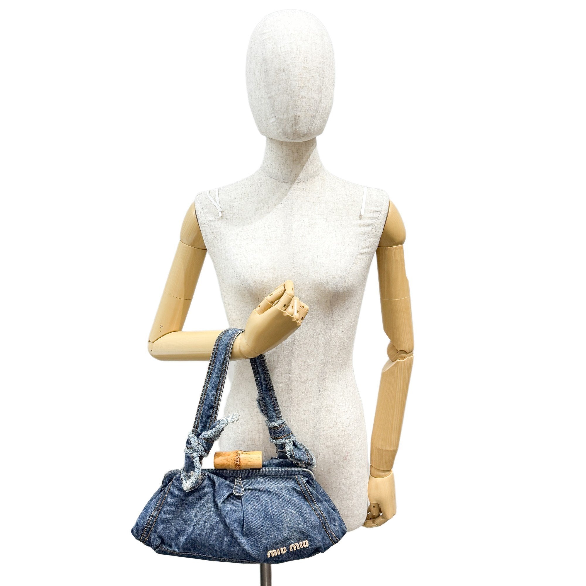 Navy Denim Bamboo Hardware Shoulder Bag