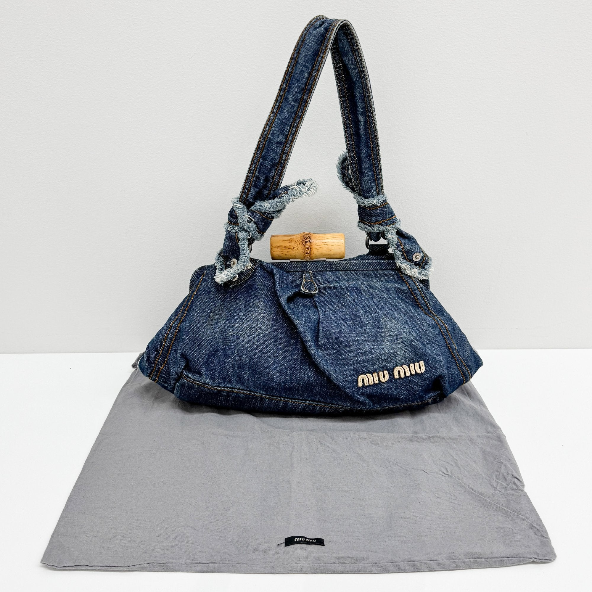 Navy Denim Bamboo Hardware Shoulder Bag