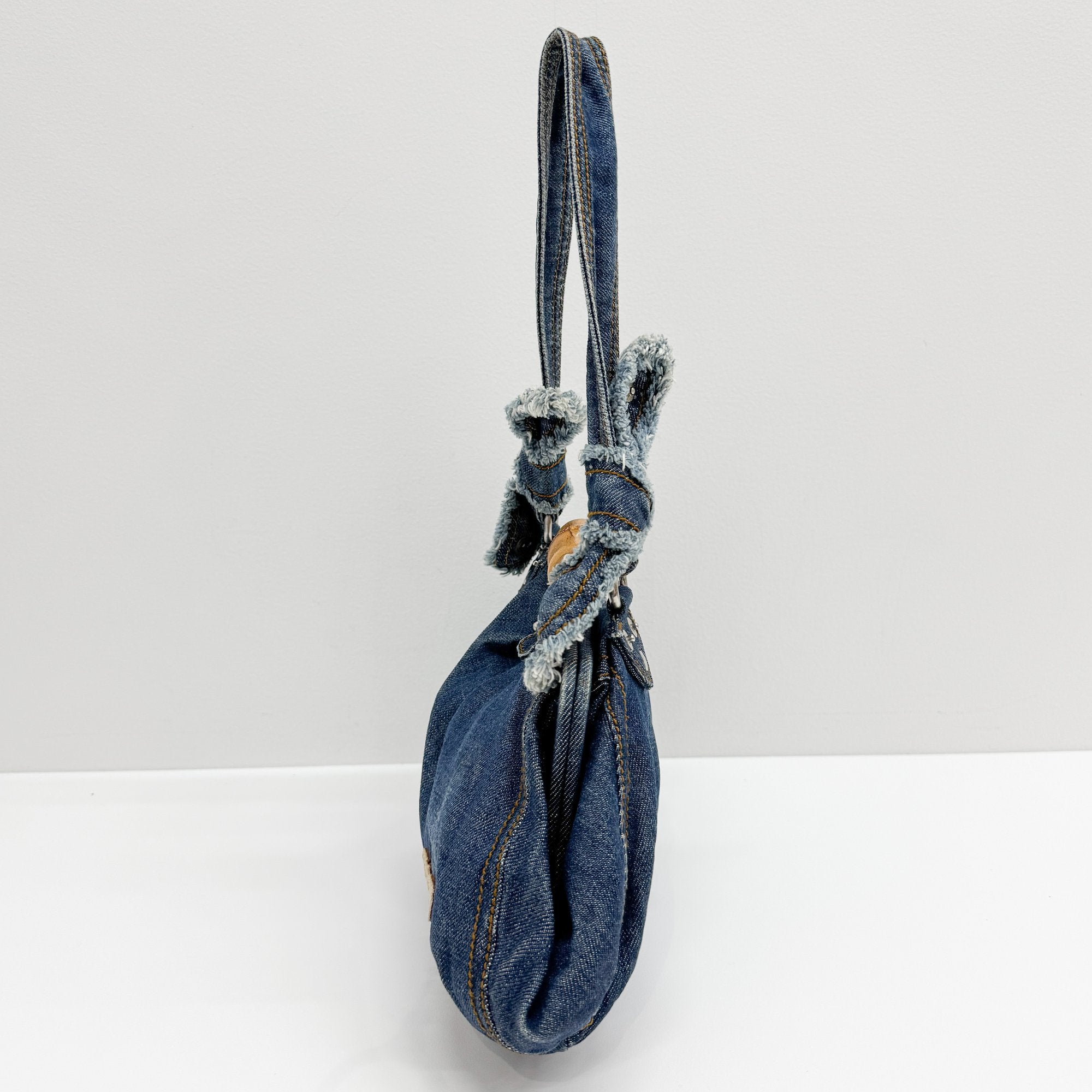 Navy Denim Bamboo Hardware Shoulder Bag