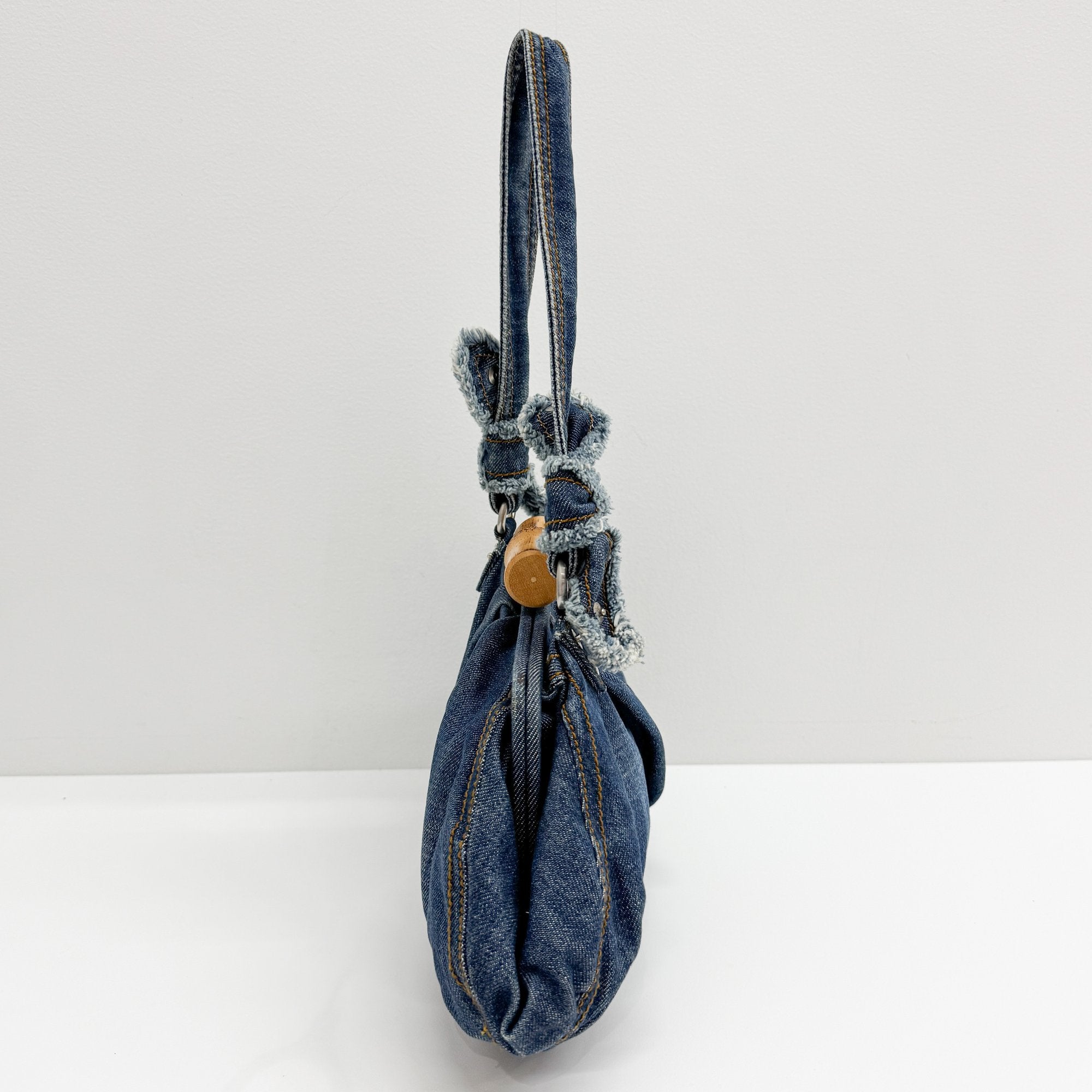 Navy Denim Bamboo Hardware Shoulder Bag