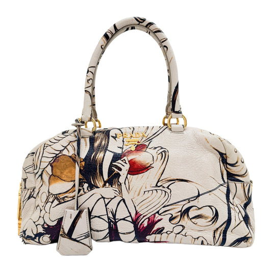 Beige Floral Print Leather Hand Bag