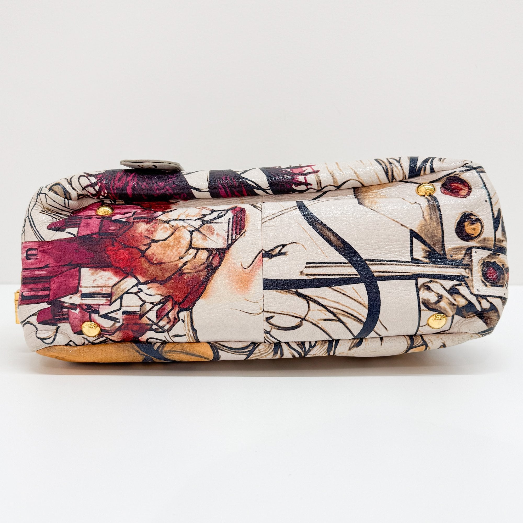 Beige Floral Print Leather Hand Bag