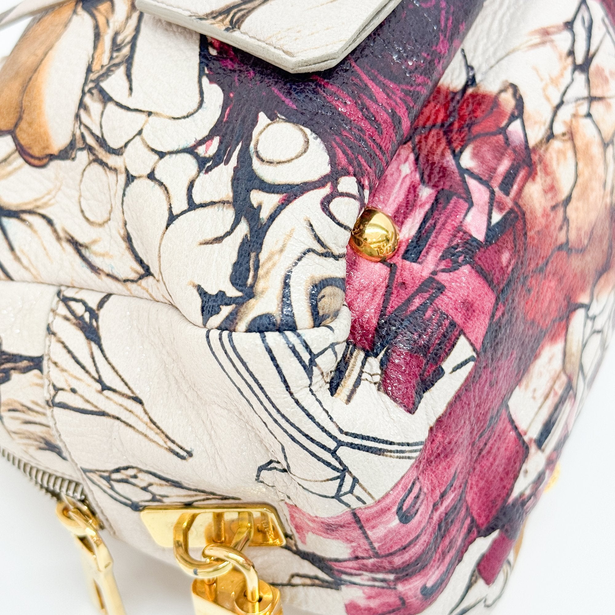 Beige Floral Print Leather Hand Bag
