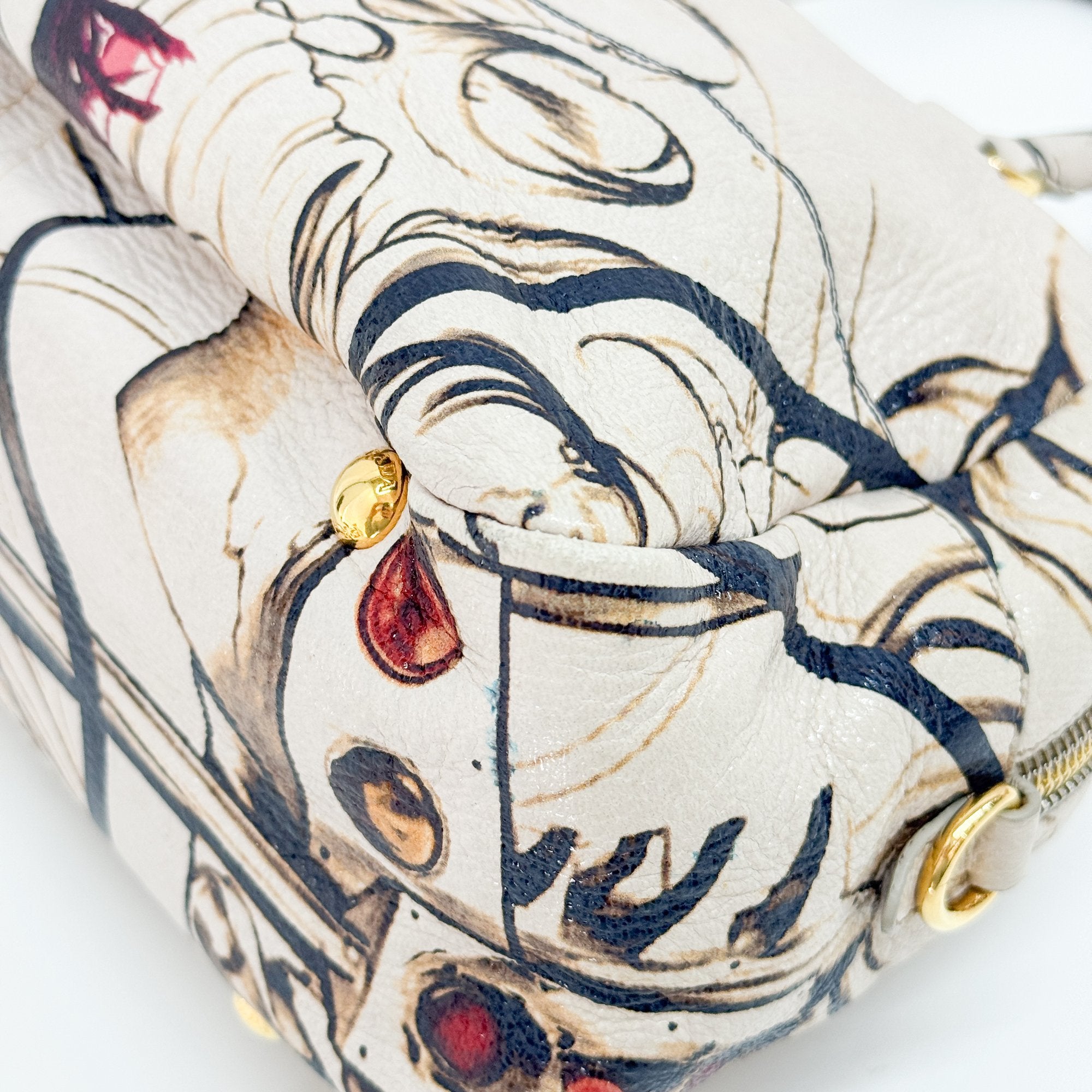 Beige Floral Print Leather Hand Bag