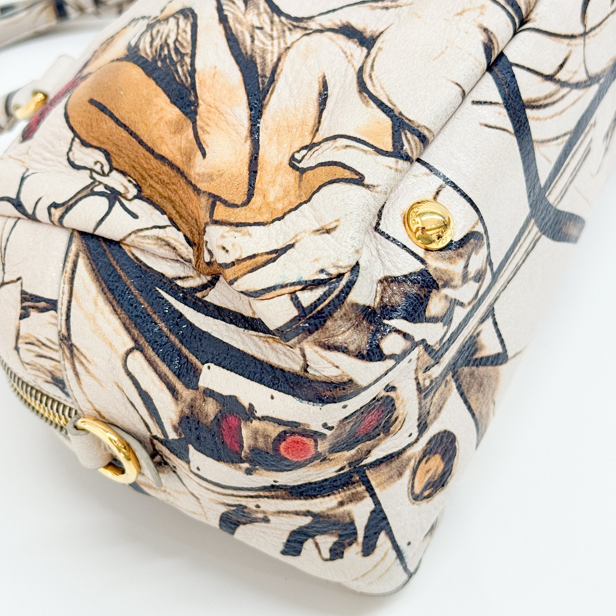 Beige Floral Print Leather Hand Bag