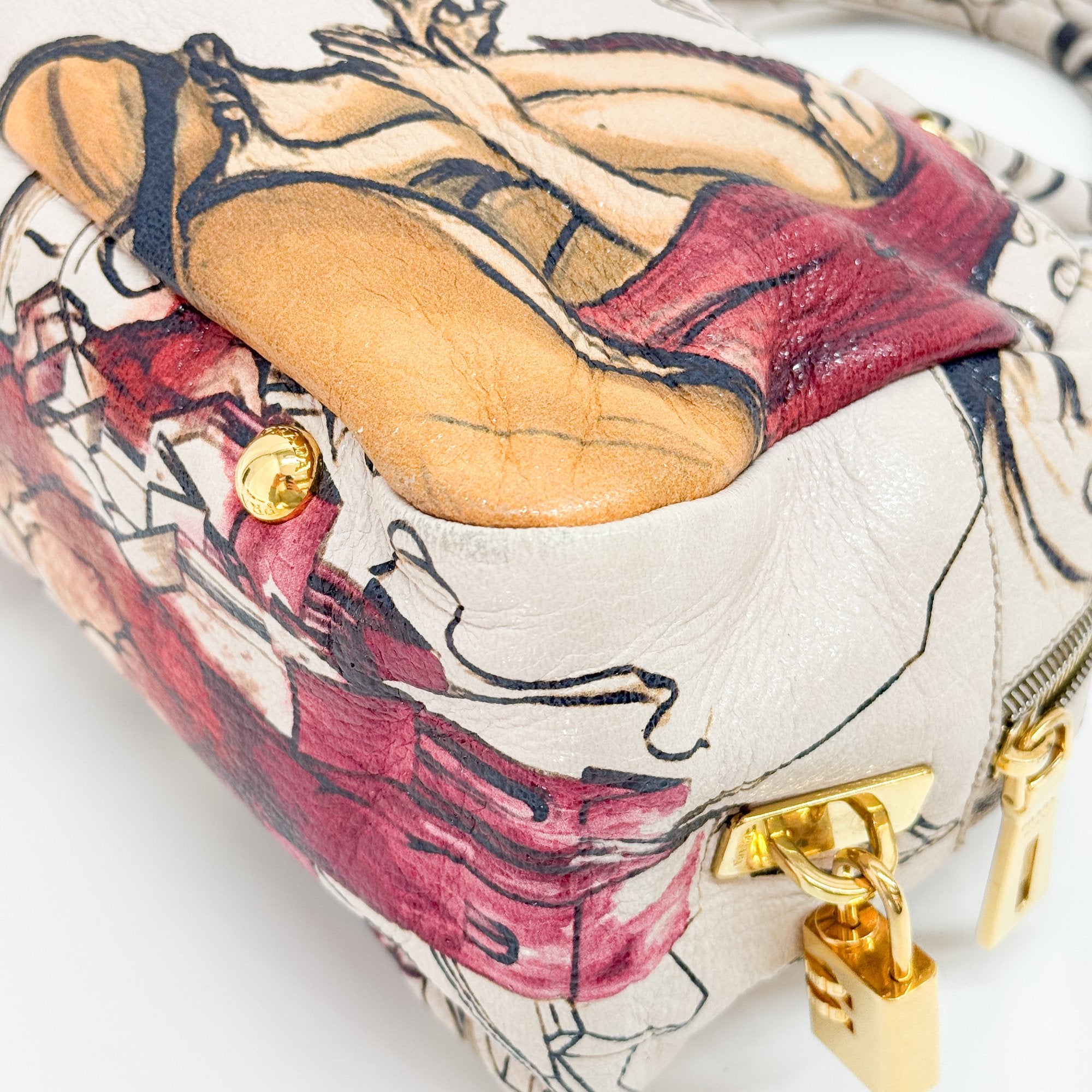 Beige Floral Print Leather Hand Bag