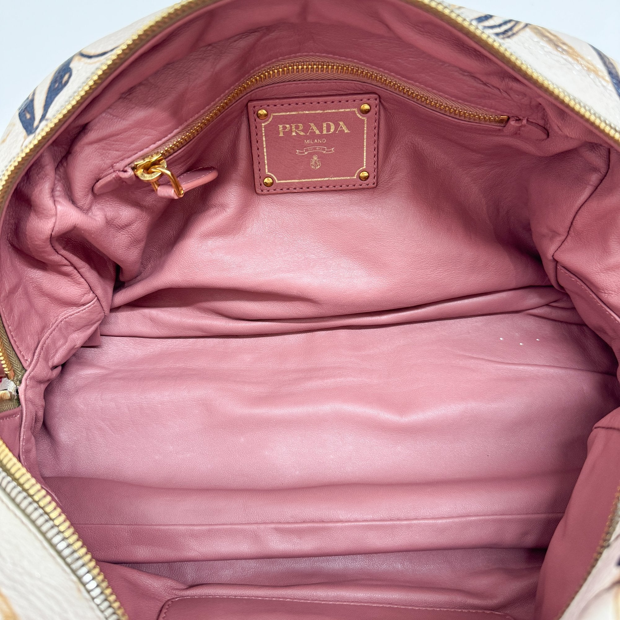 Beige Floral Print Leather Hand Bag