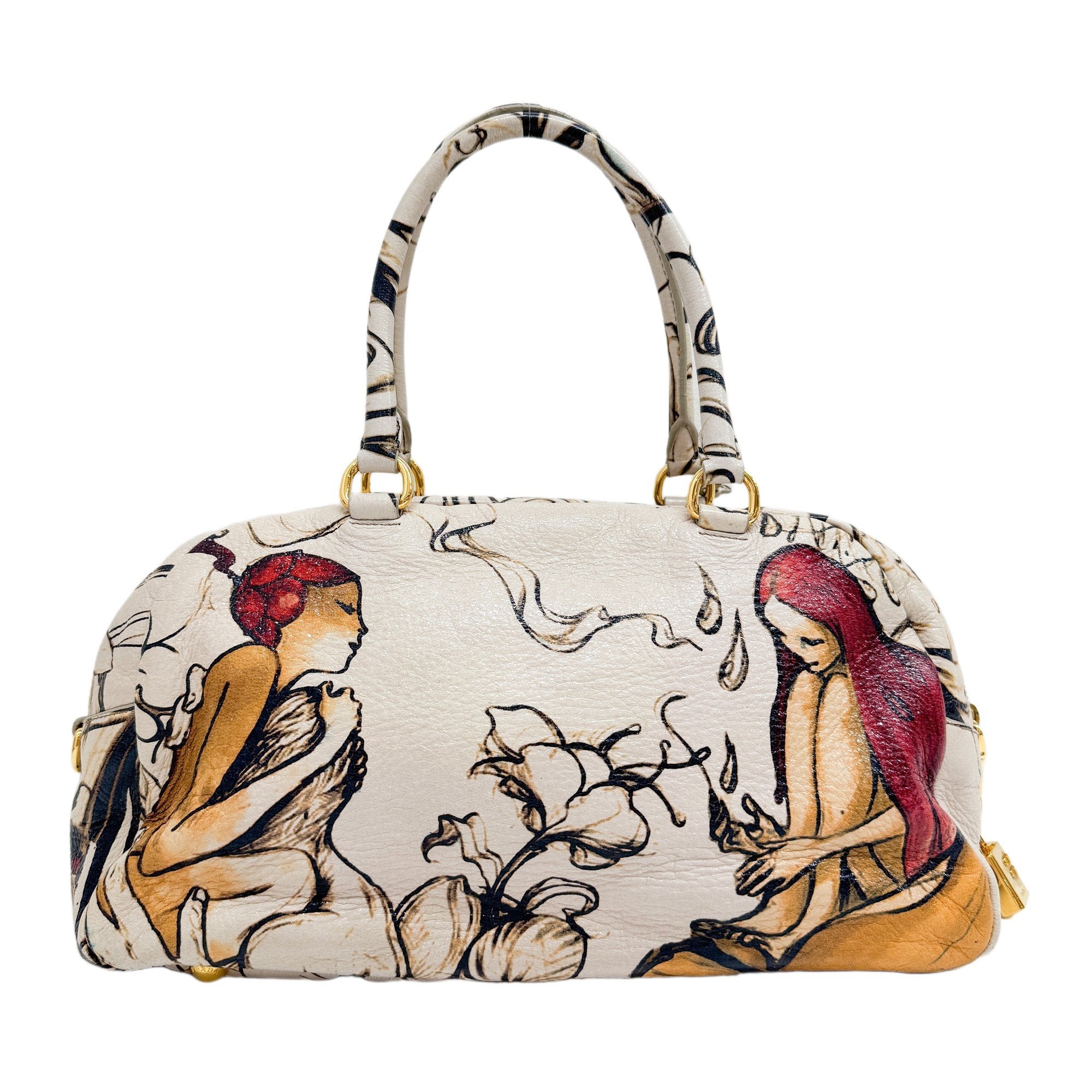 Beige Floral Print Leather Hand Bag