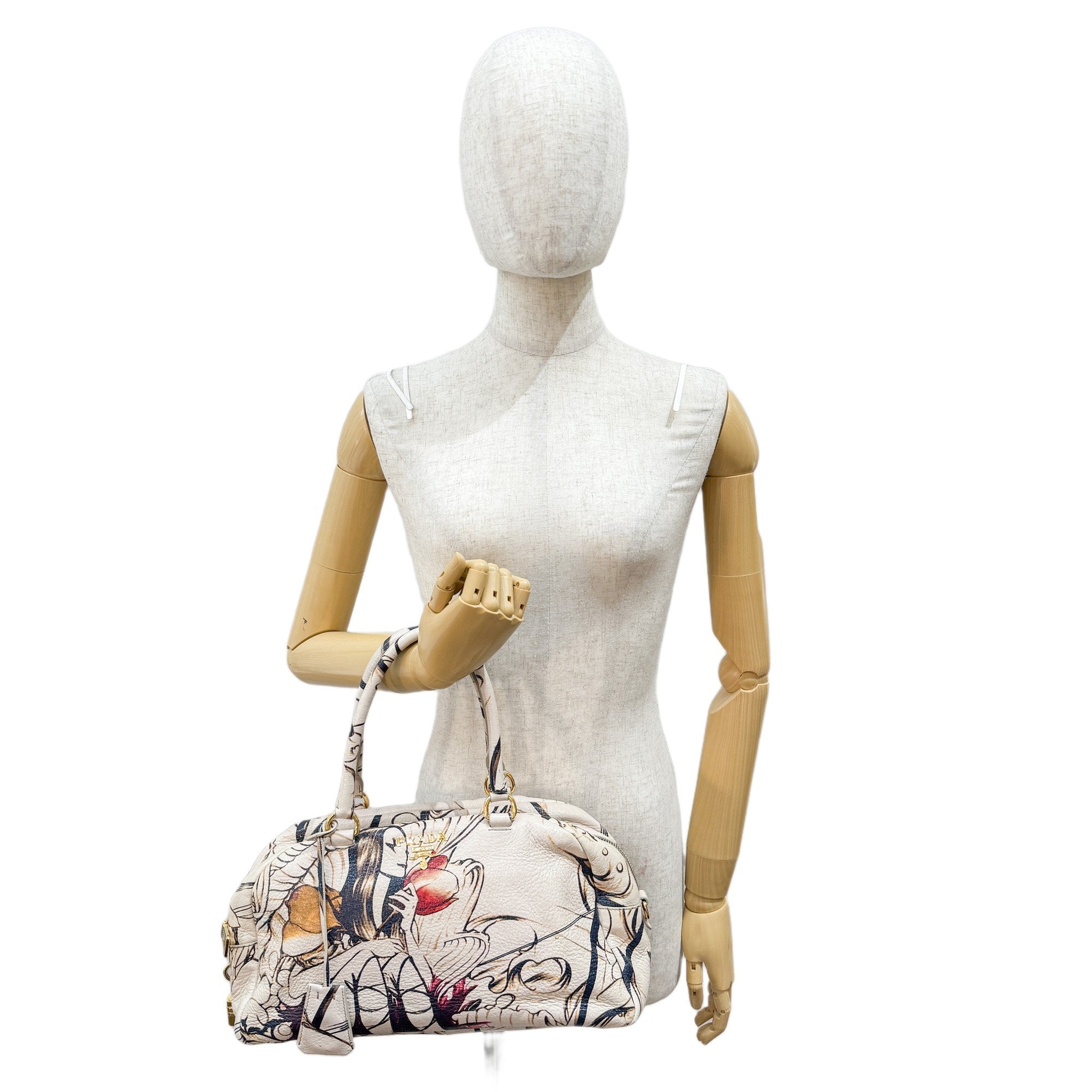 Beige Floral Print Leather Hand Bag