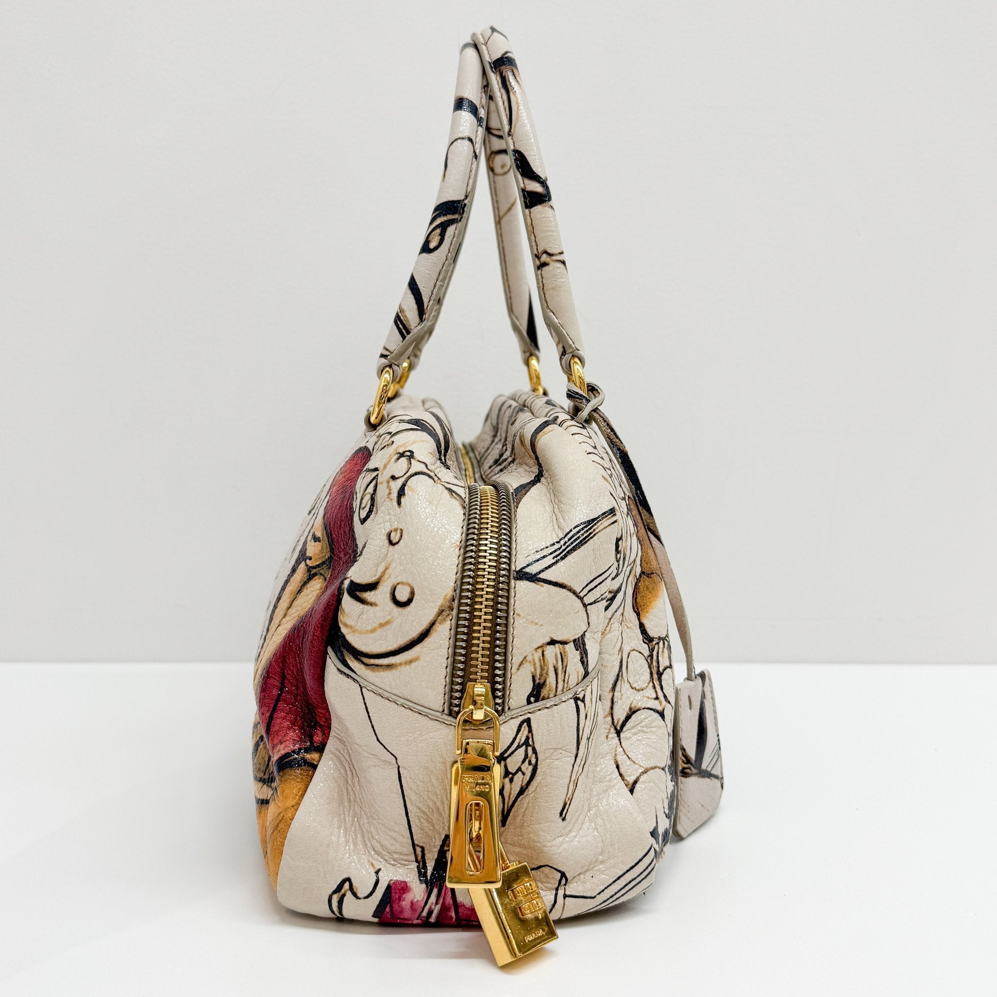 Beige Floral Print Leather Hand Bag
