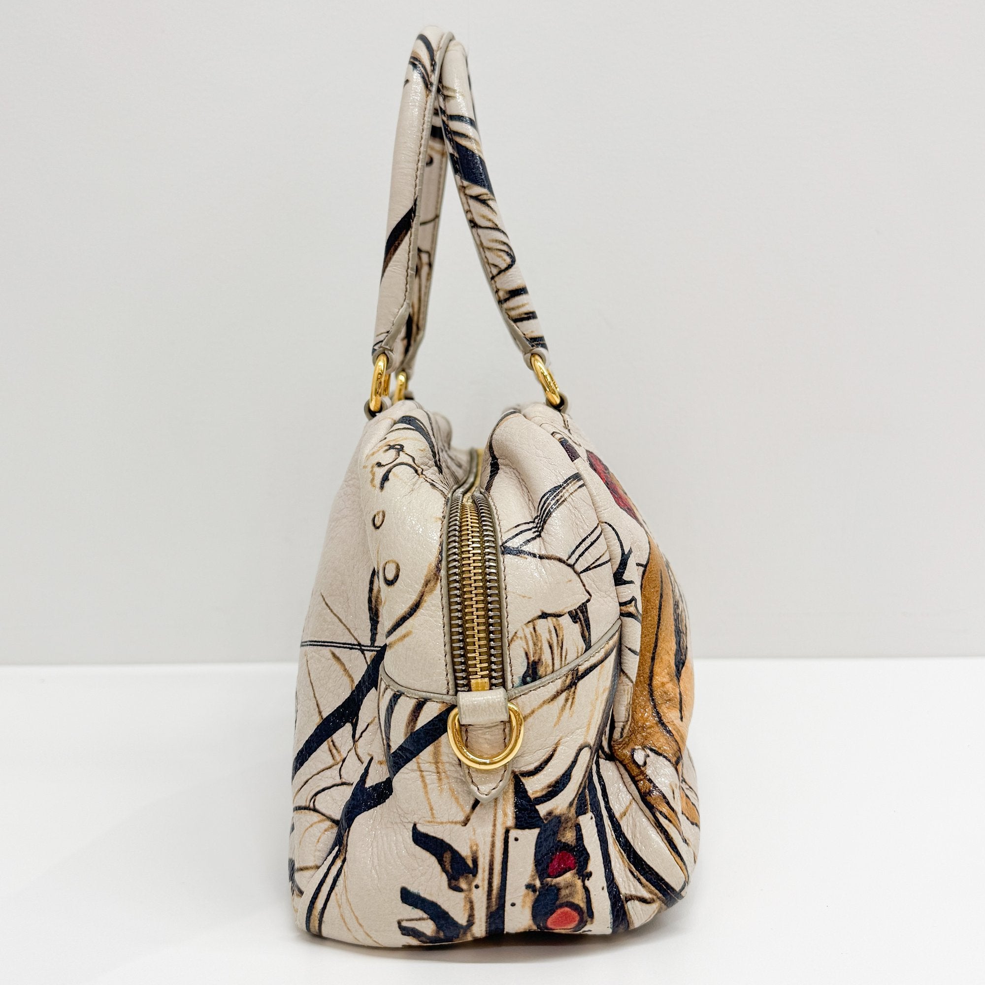 Beige Floral Print Leather Hand Bag