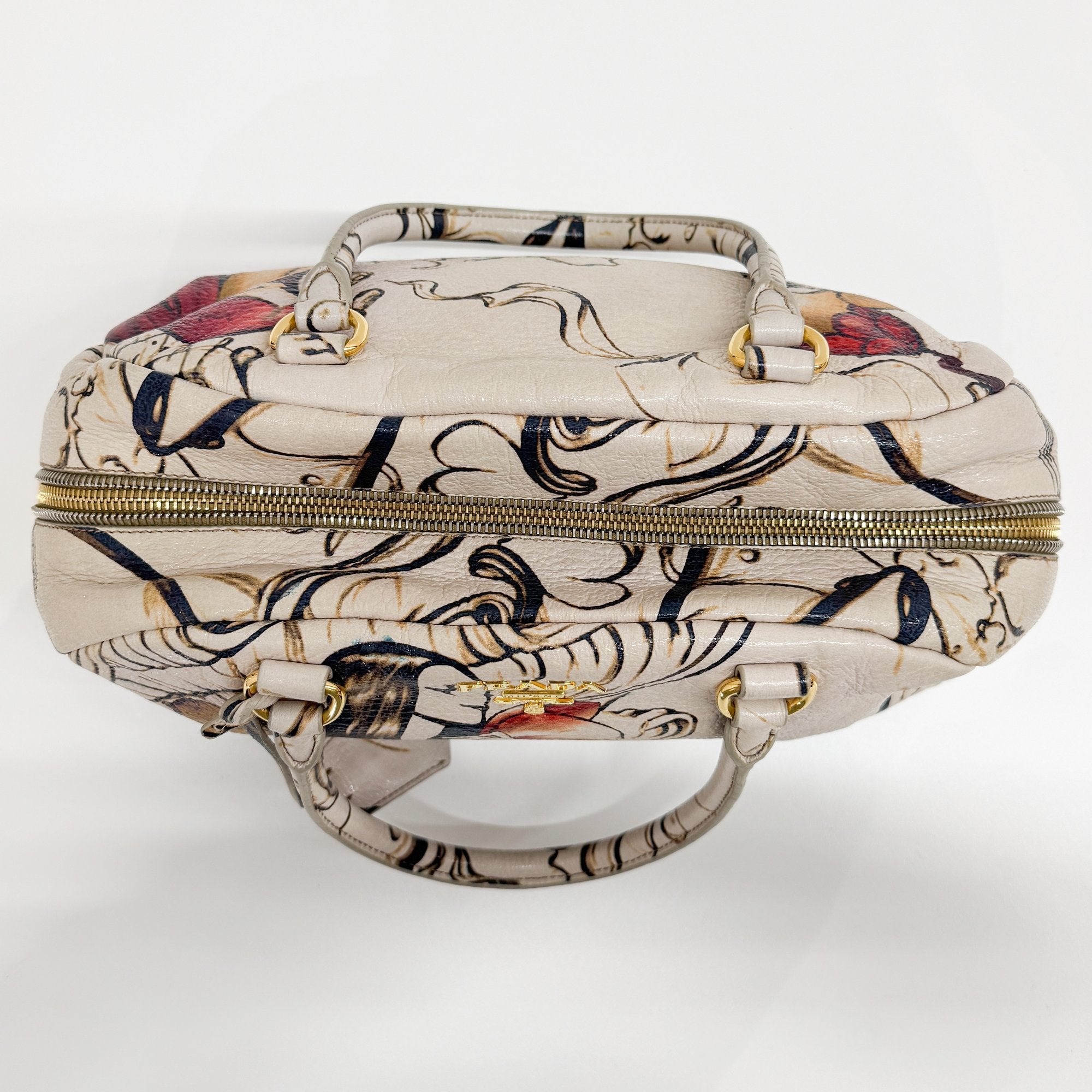 Beige Floral Print Leather Hand Bag