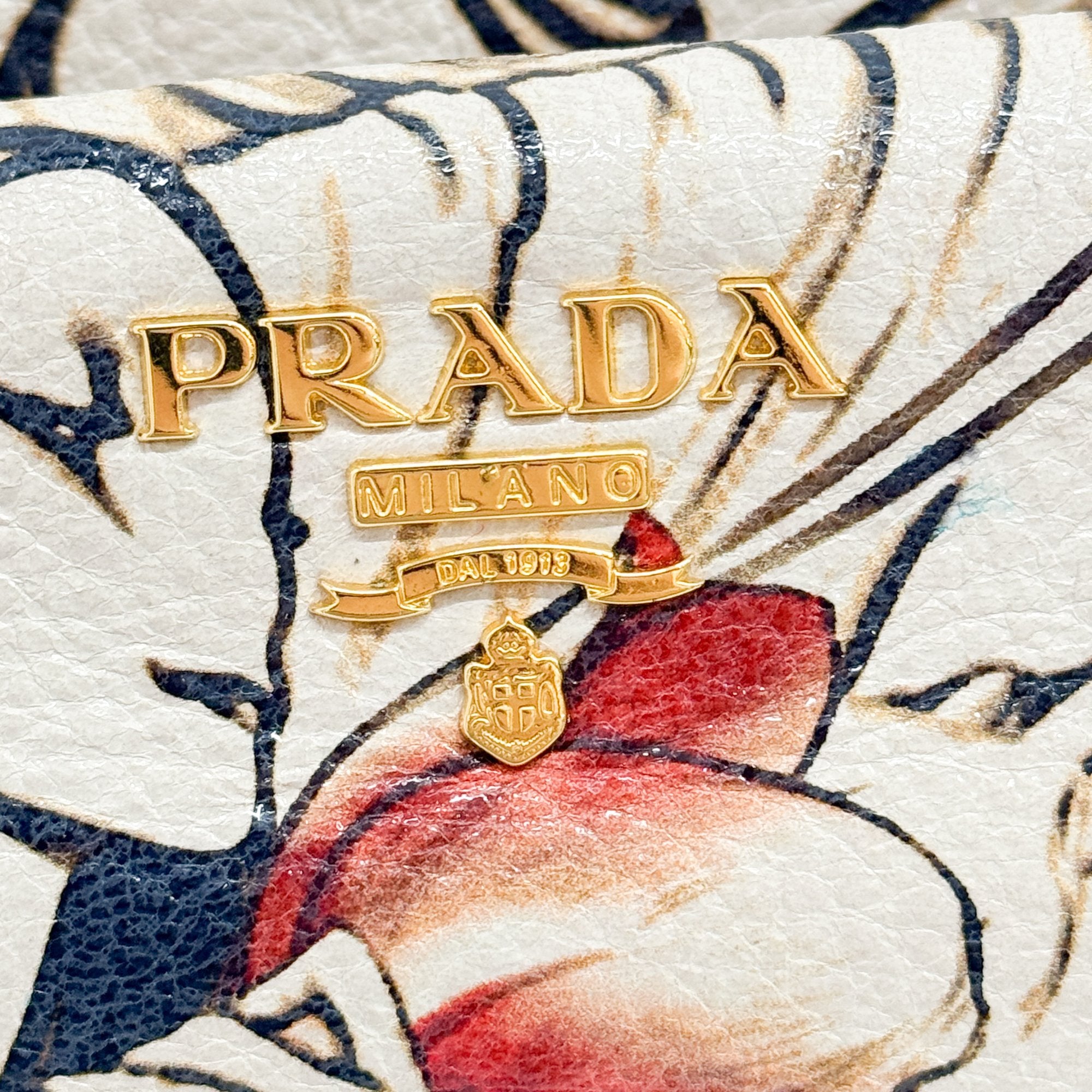 Beige Floral Print Leather Hand Bag