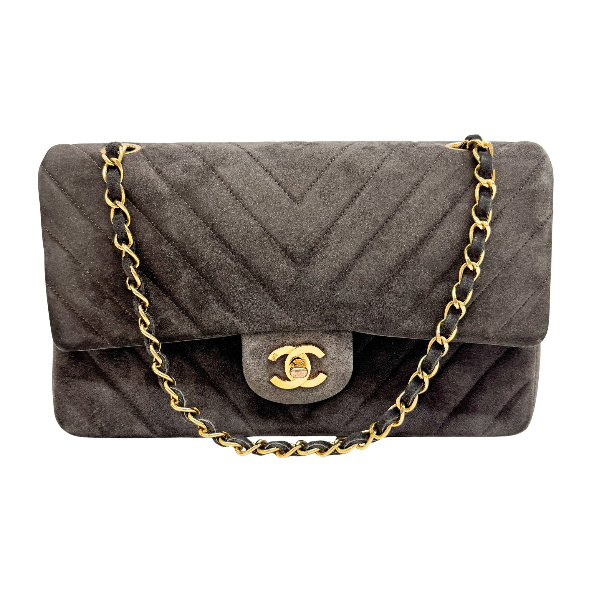 Chevron Classic Double Flap Grey Suede Shoulder Bag