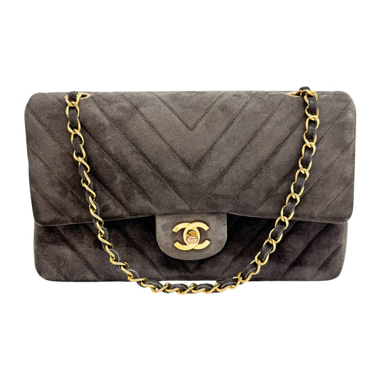 Chevron Classic Double Flap Grey Suede Shoulder Bag