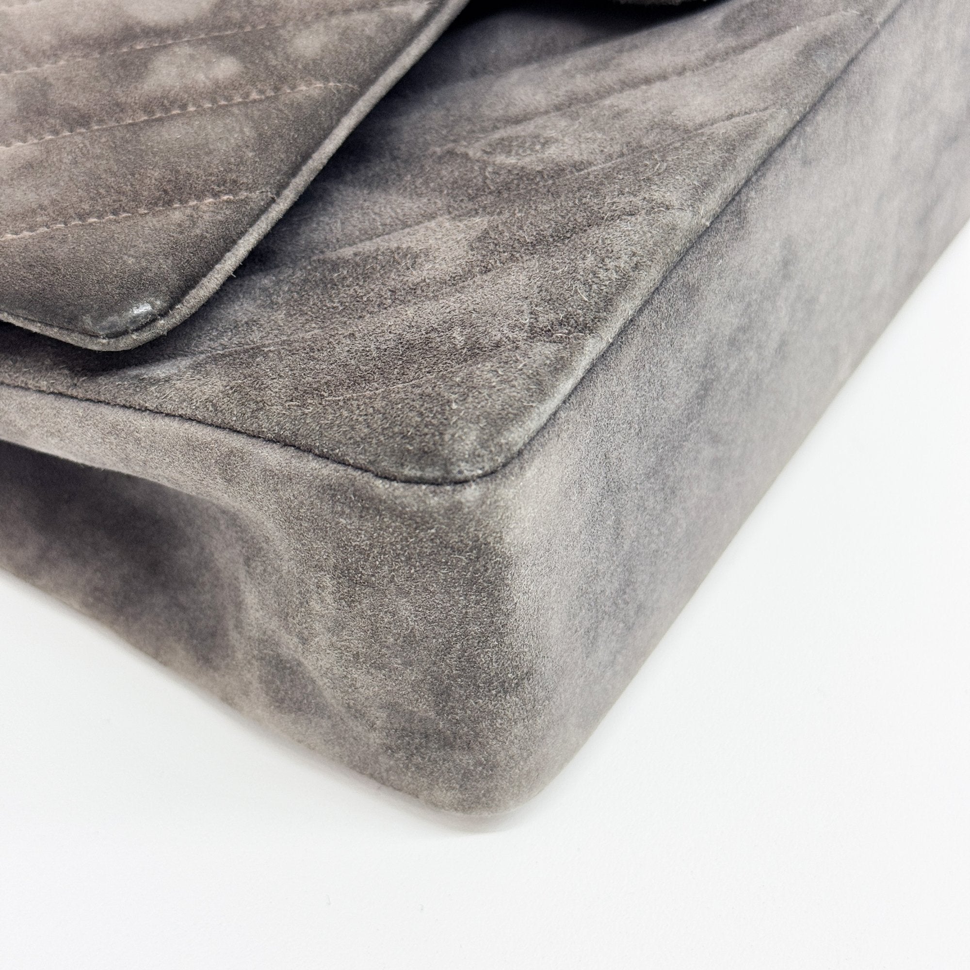 Chevron Classic Double Flap Grey Suede Shoulder Bag