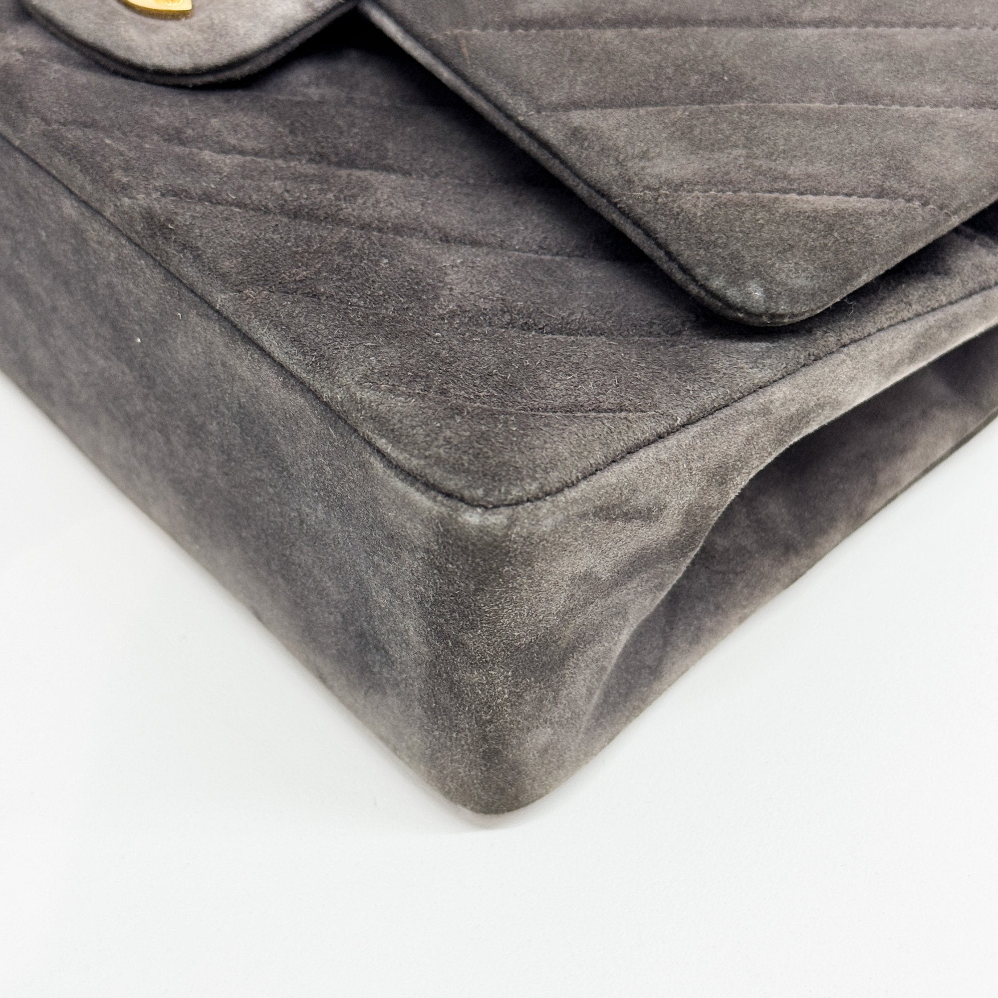 Chevron Classic Double Flap Grey Suede Shoulder Bag
