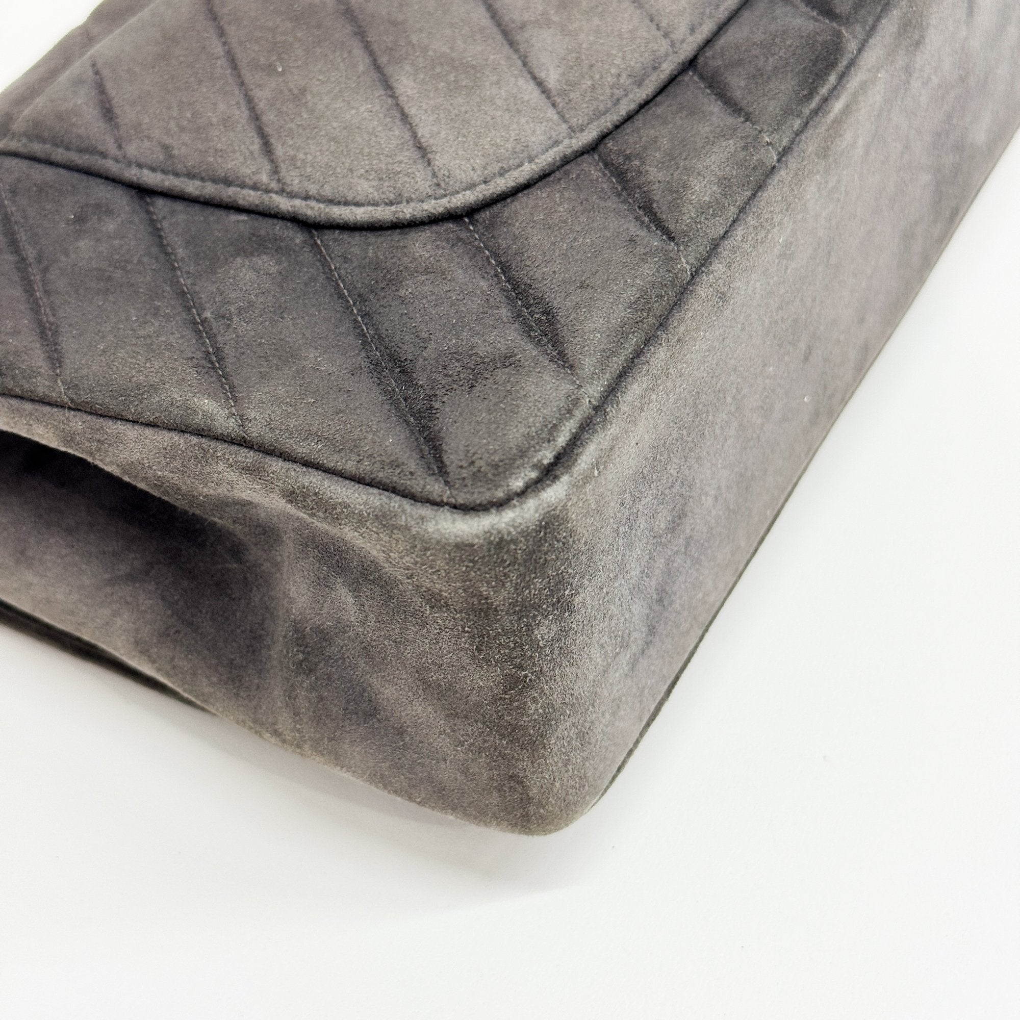 Chevron Classic Double Flap Grey Suede Shoulder Bag
