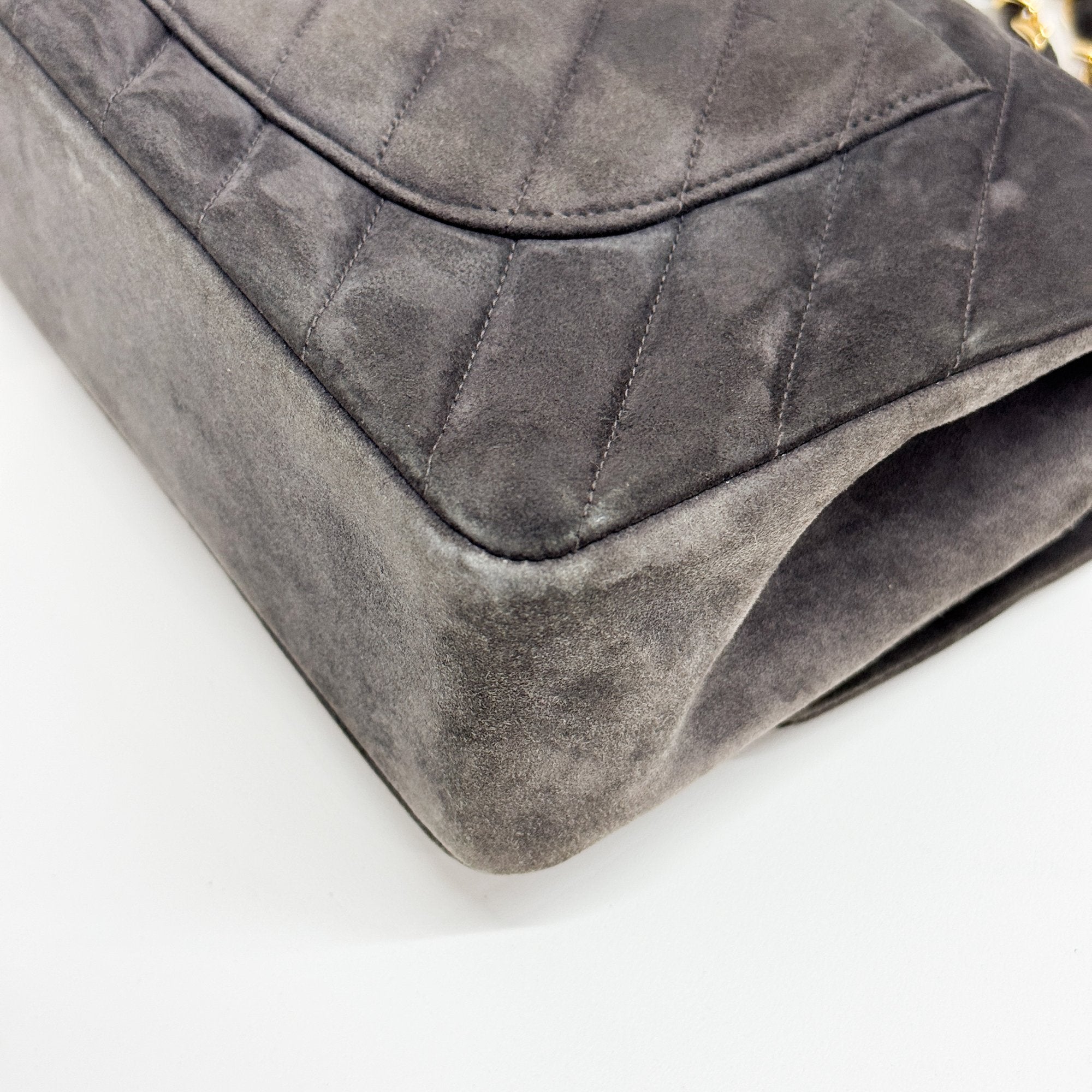 Chevron Classic Double Flap Grey Suede Shoulder Bag