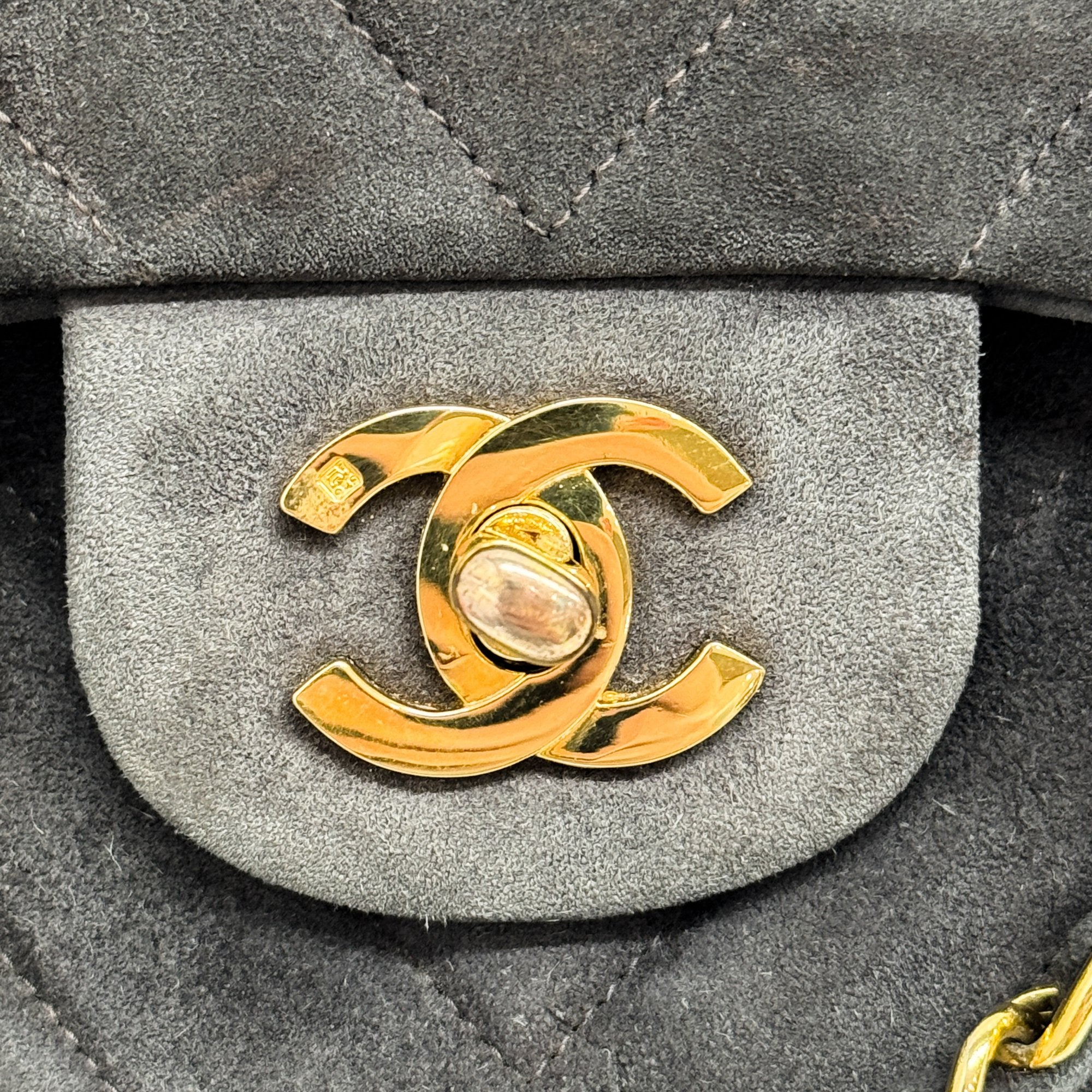 Chevron Classic Double Flap Grey Suede Shoulder Bag