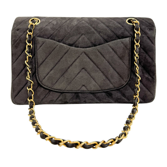 Chevron Classic Double Flap Grey Suede Shoulder Bag