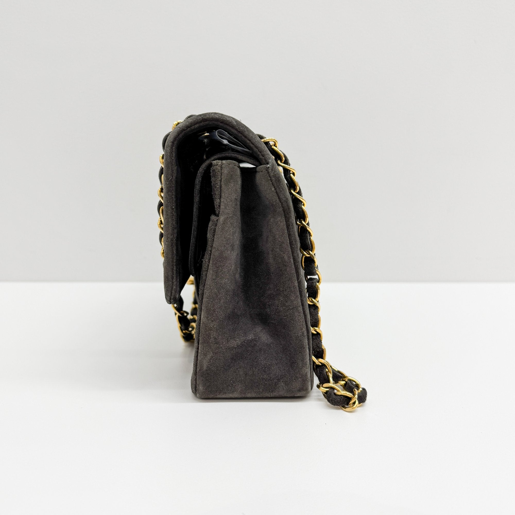 Chevron Classic Double Flap Grey Suede Shoulder Bag