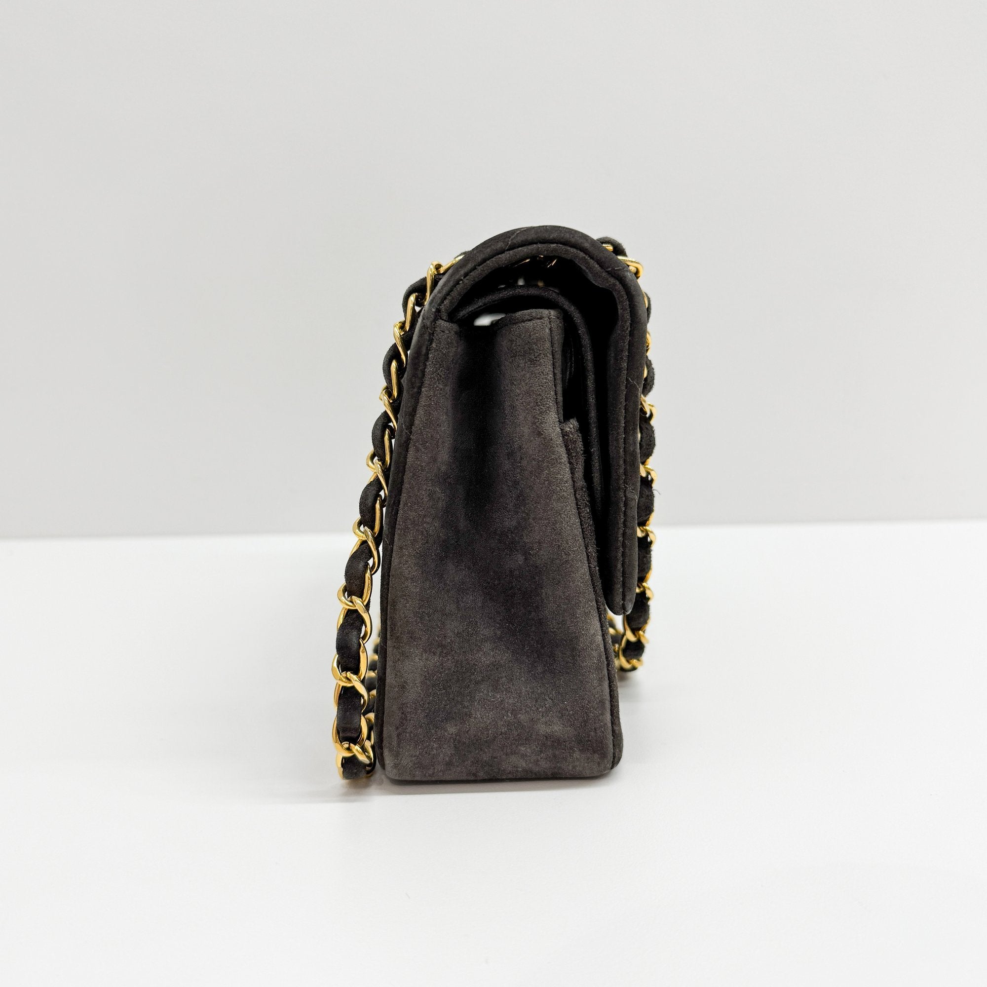 Chevron Classic Double Flap Grey Suede Shoulder Bag