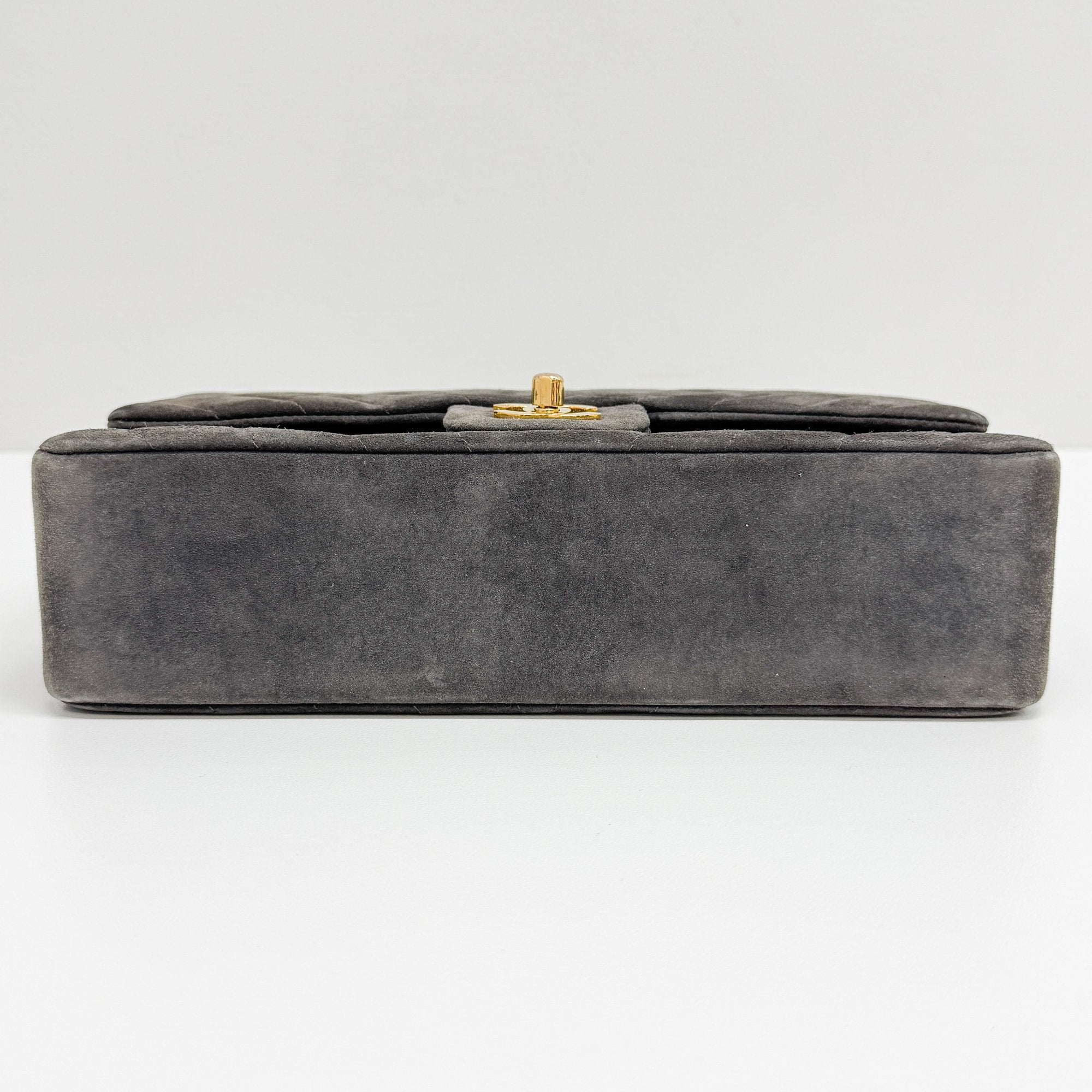 Chevron Classic Double Flap Grey Suede Shoulder Bag