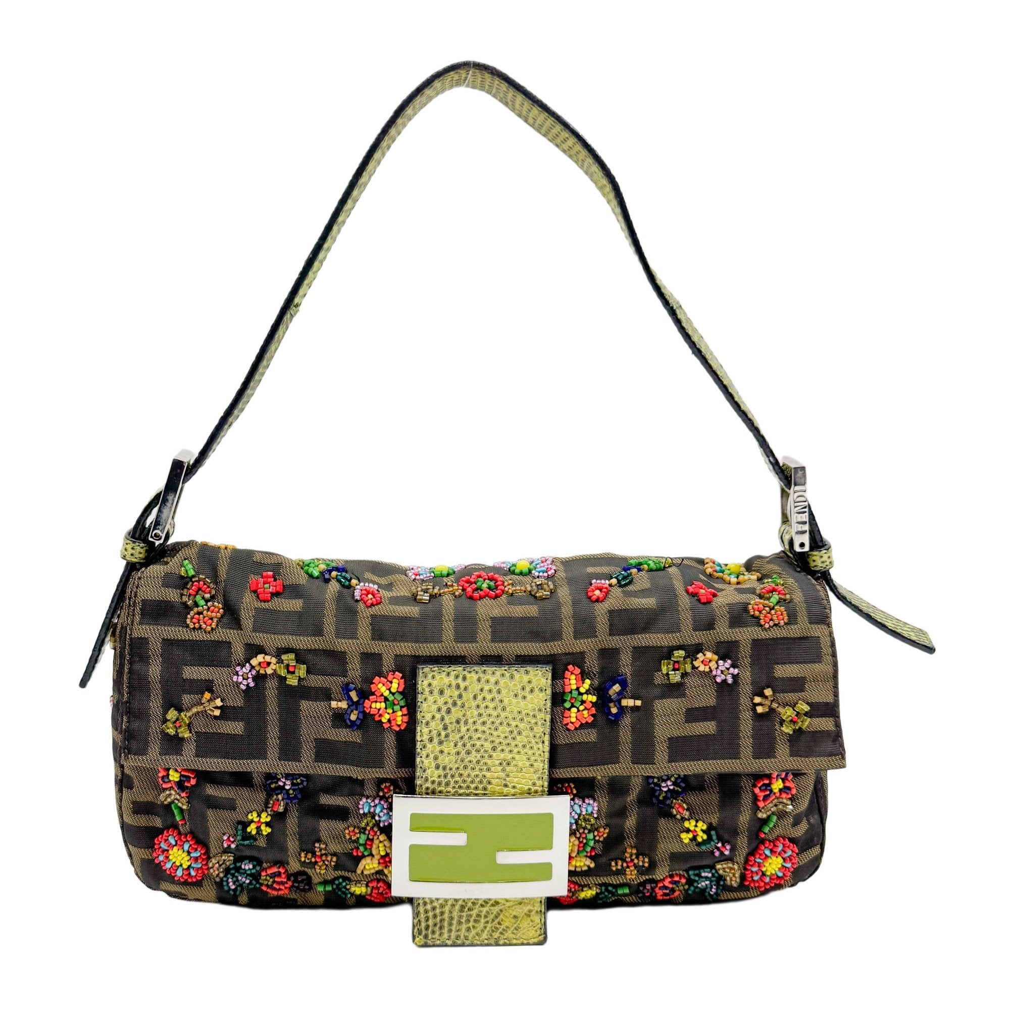 Baguette Brown Python Embossed Hardware Floral Beaded Canvas Shoulder Bag