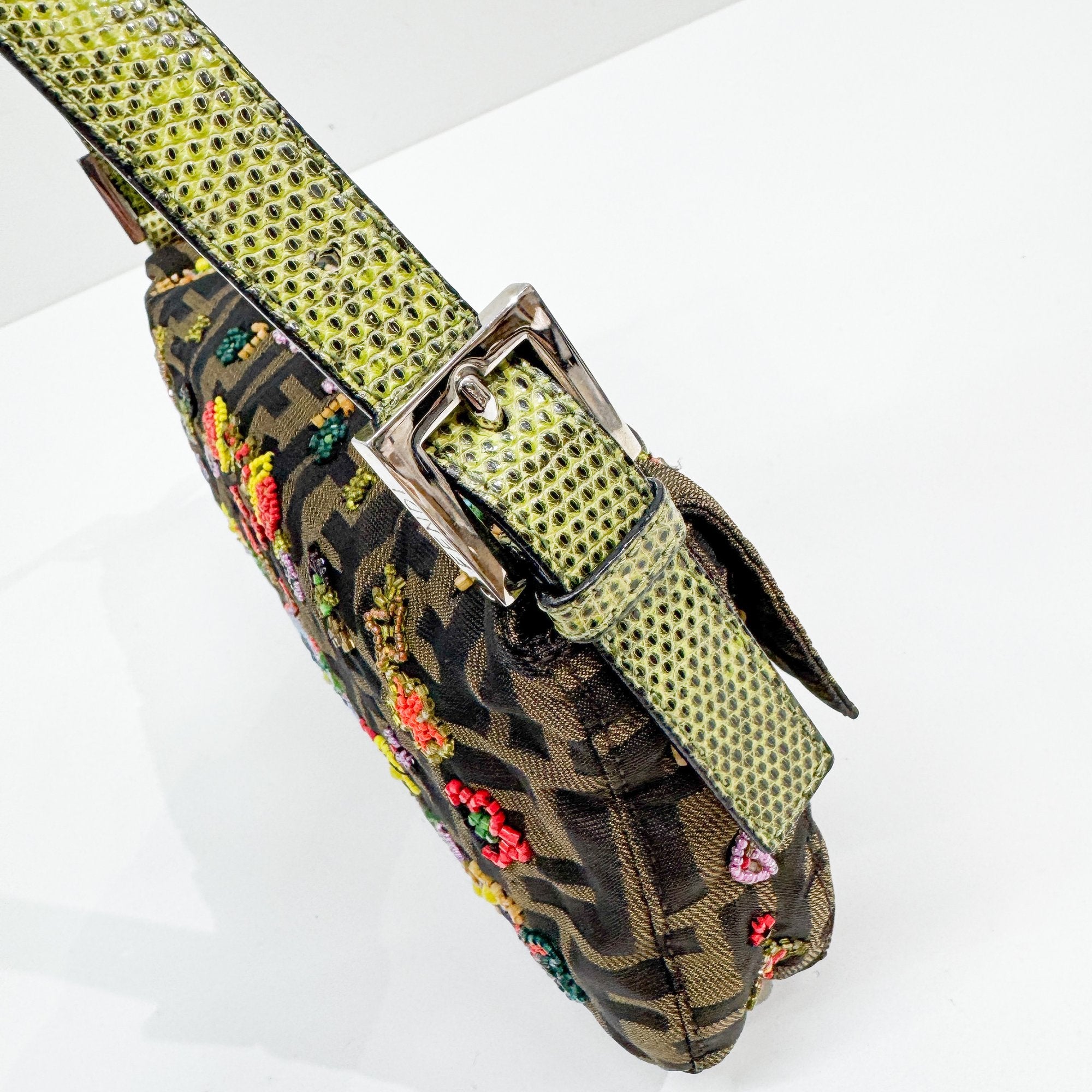 Baguette Brown Python Embossed Hardware Floral Beaded Canvas Shoulder Bag