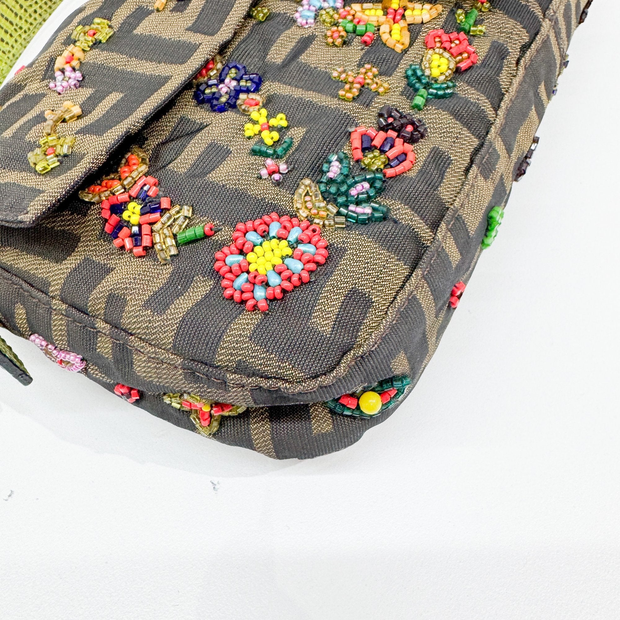 Baguette Brown Python Embossed Hardware Floral Beaded Canvas Shoulder Bag