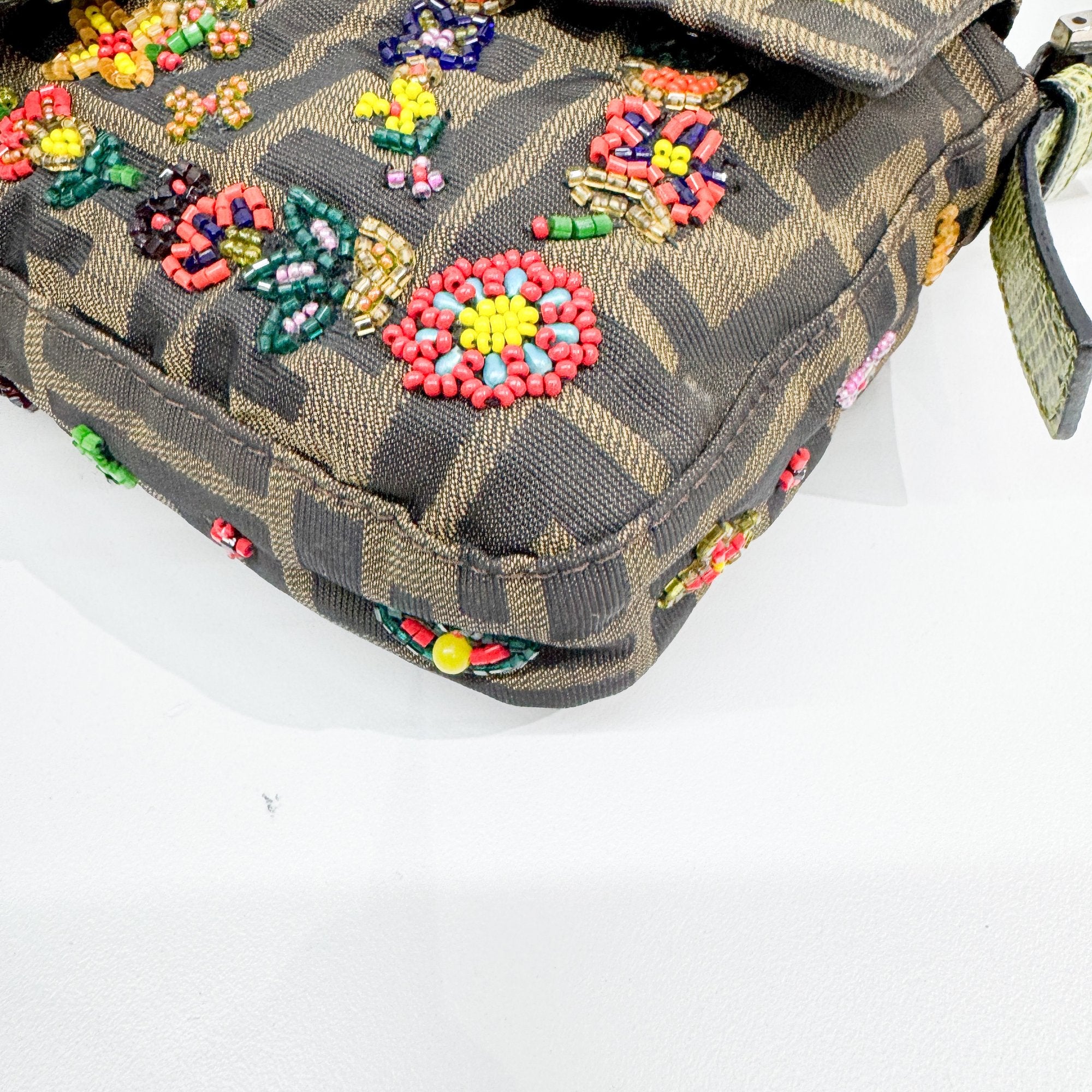 Baguette Brown Python Embossed Hardware Floral Beaded Canvas Shoulder Bag