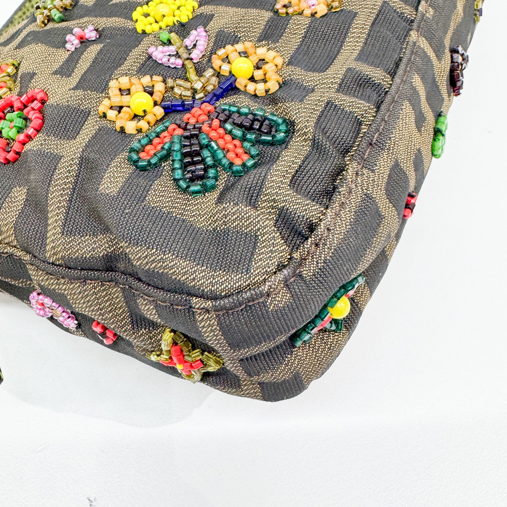 Baguette Brown Python Embossed Hardware Floral Beaded Canvas Shoulder Bag