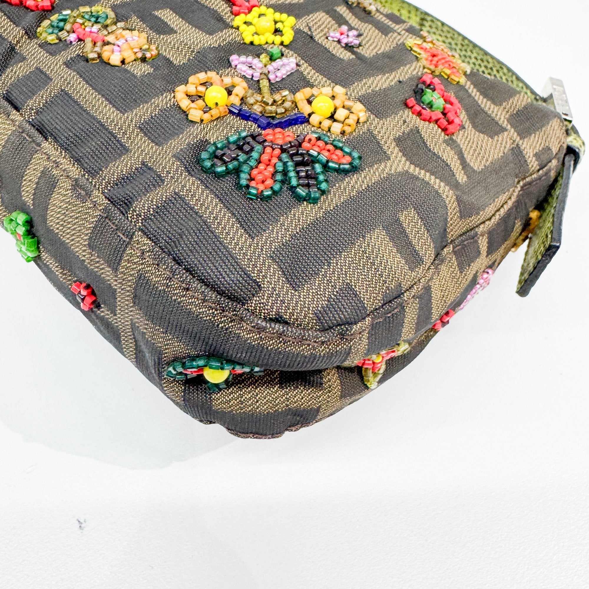 Baguette Brown Python Embossed Hardware Floral Beaded Canvas Shoulder Bag