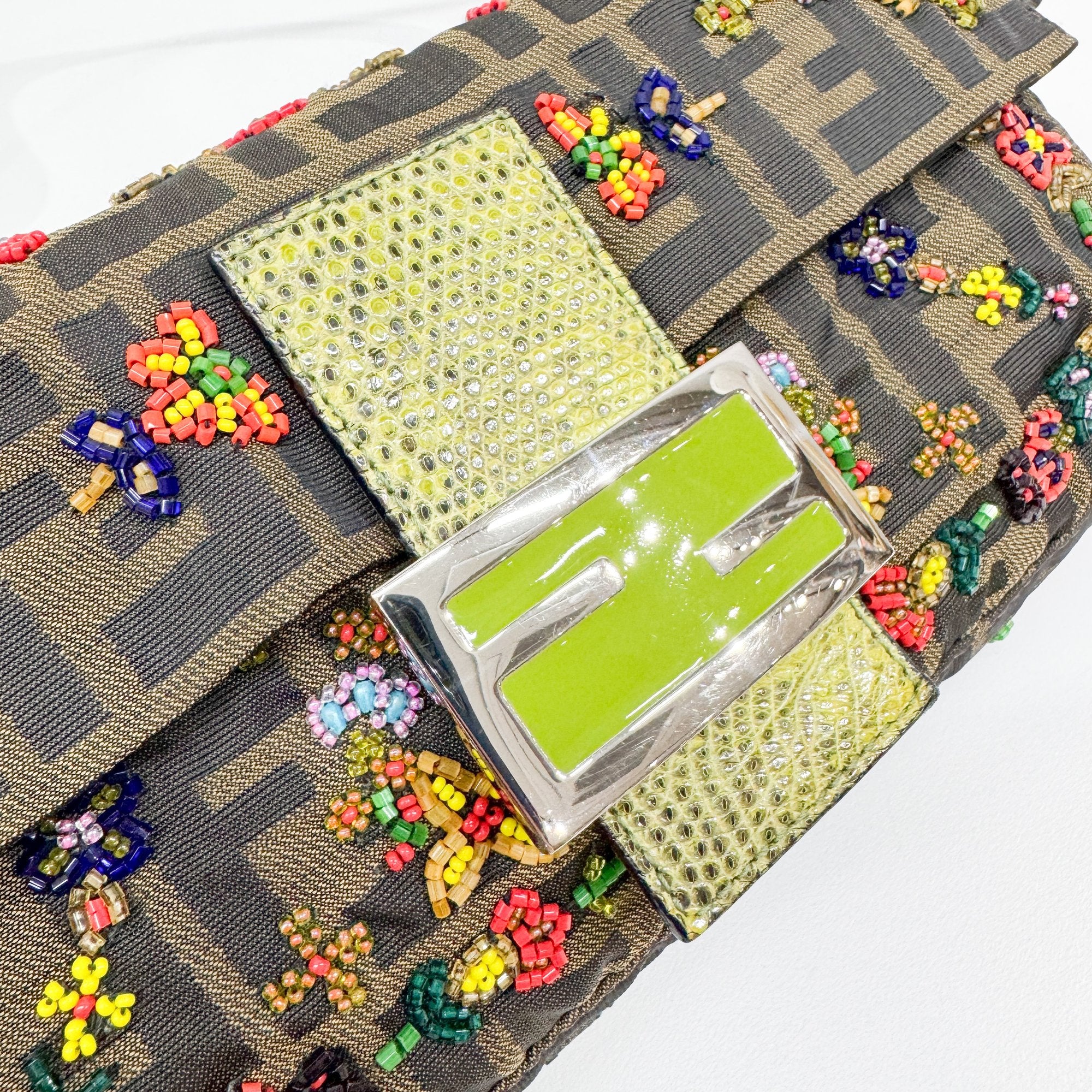 Baguette Brown Python Embossed Hardware Floral Beaded Canvas Shoulder Bag