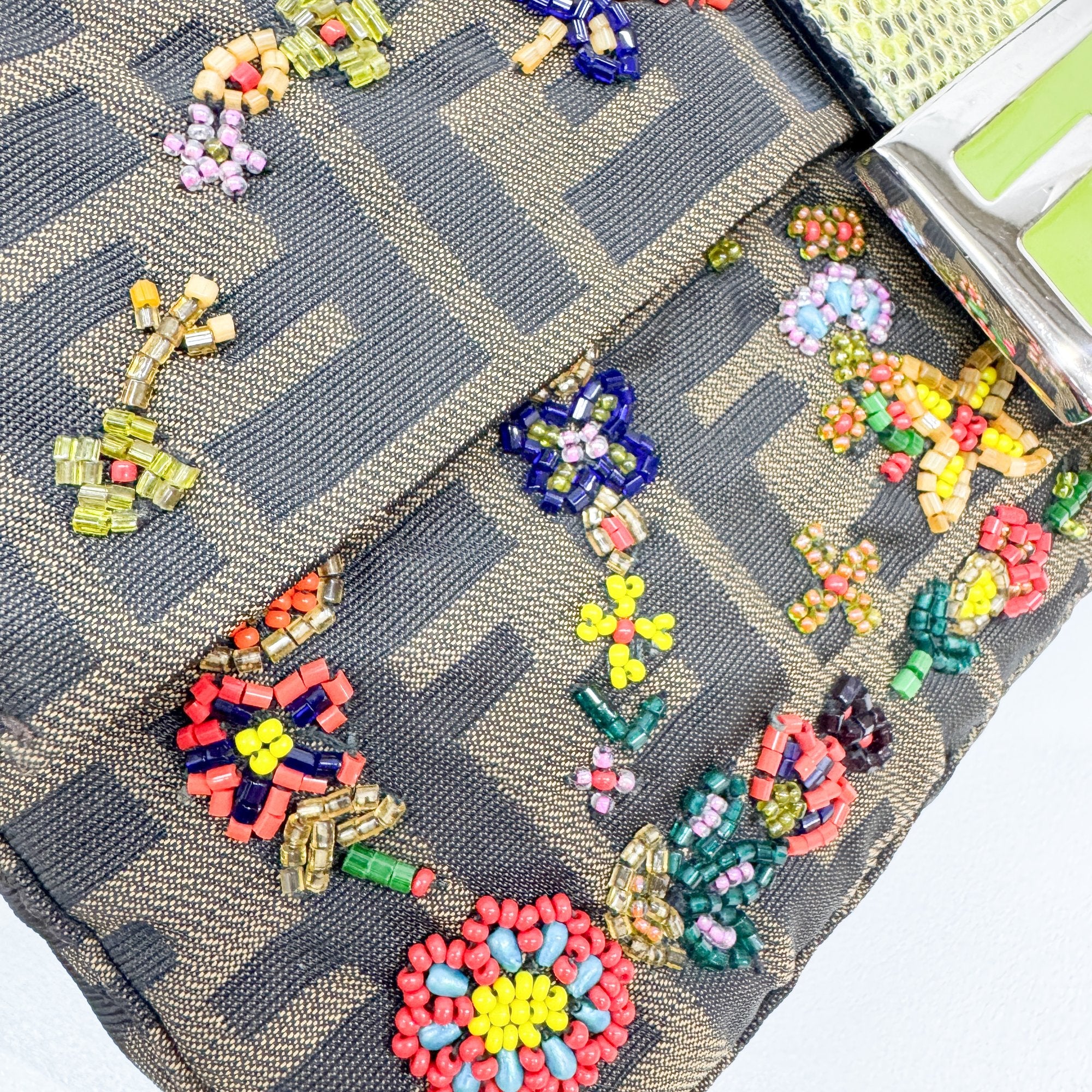 Baguette Brown Python Embossed Hardware Floral Beaded Canvas Shoulder Bag