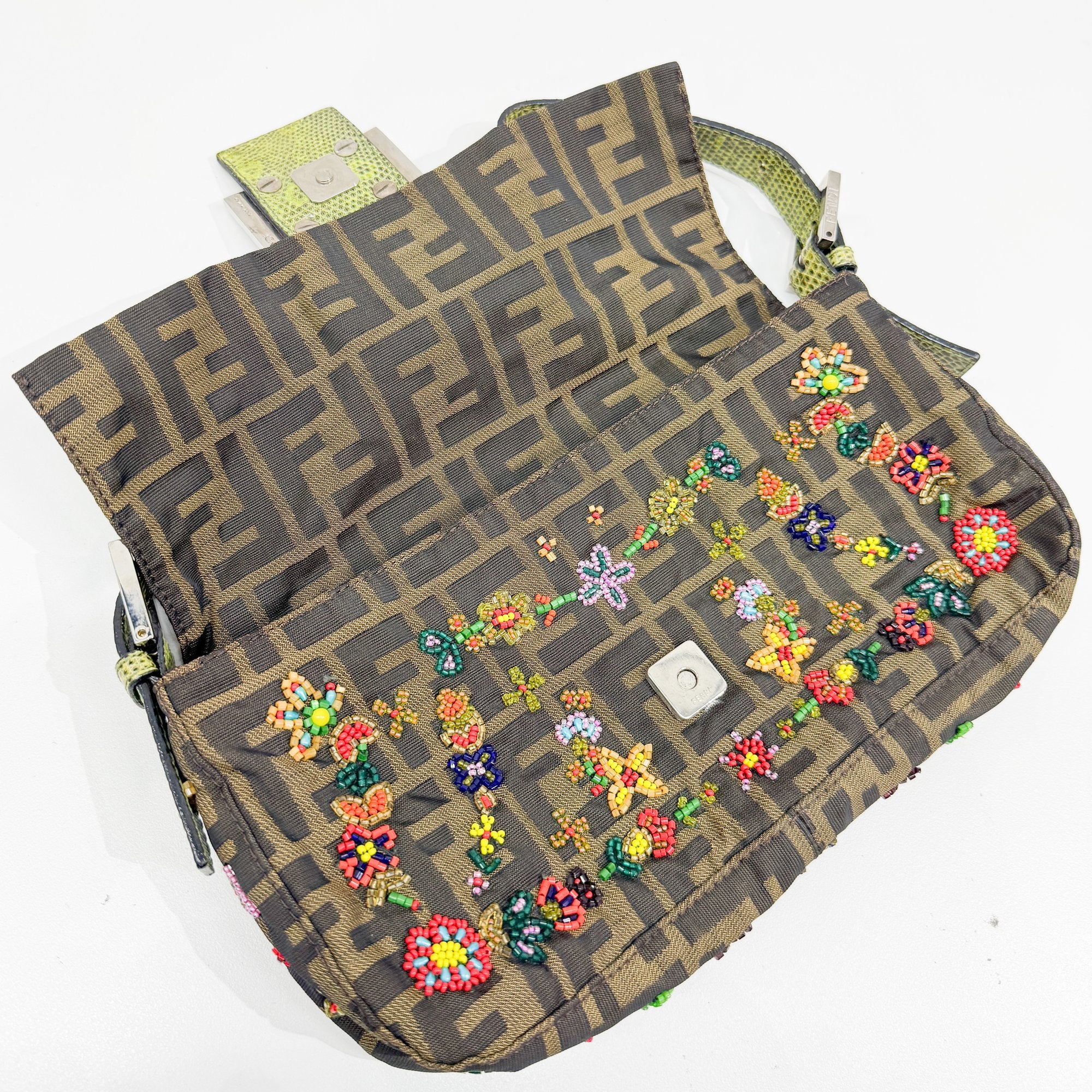 Baguette Brown Python Embossed Hardware Floral Beaded Canvas Shoulder Bag