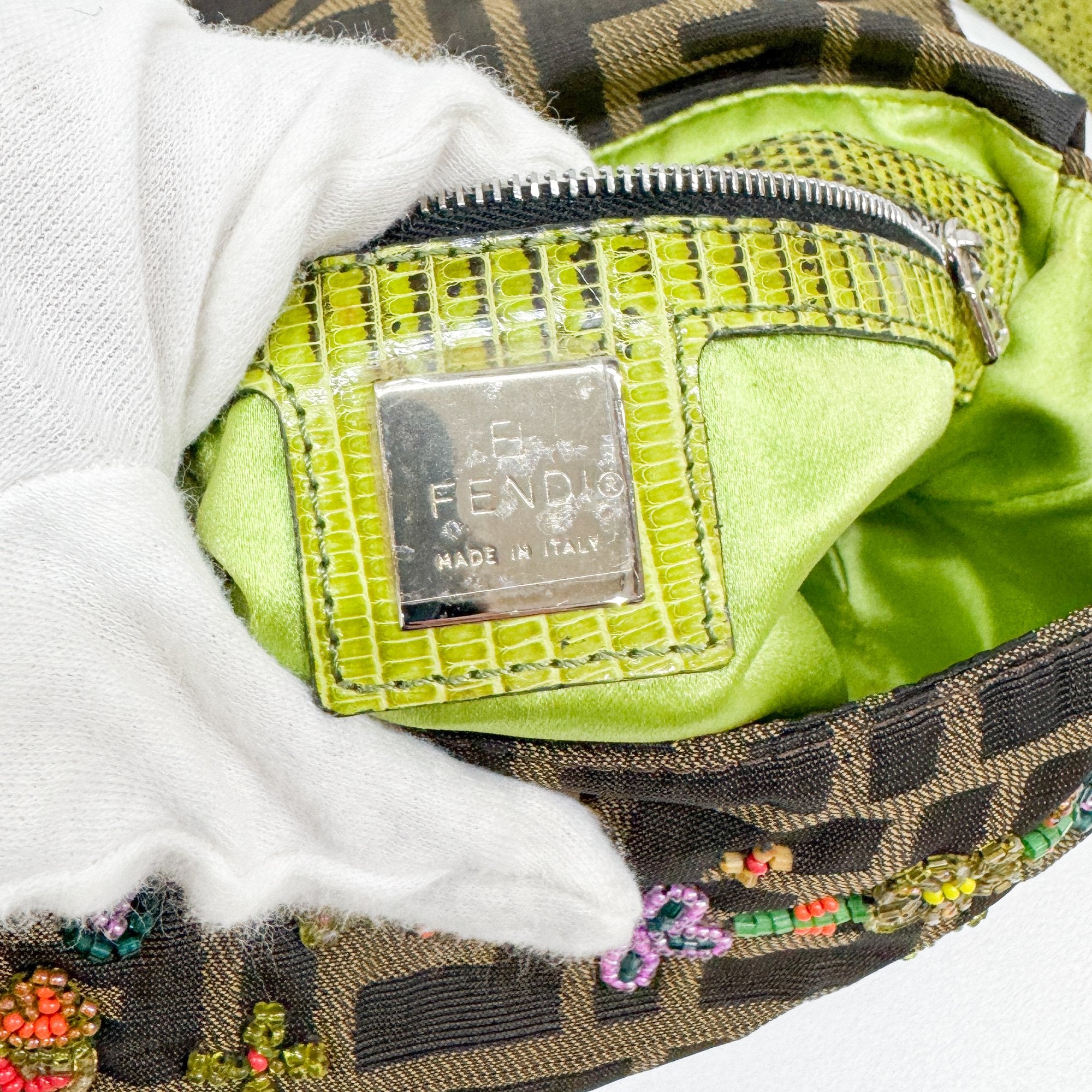 Baguette Brown Python Embossed Hardware Floral Beaded Canvas Shoulder Bag