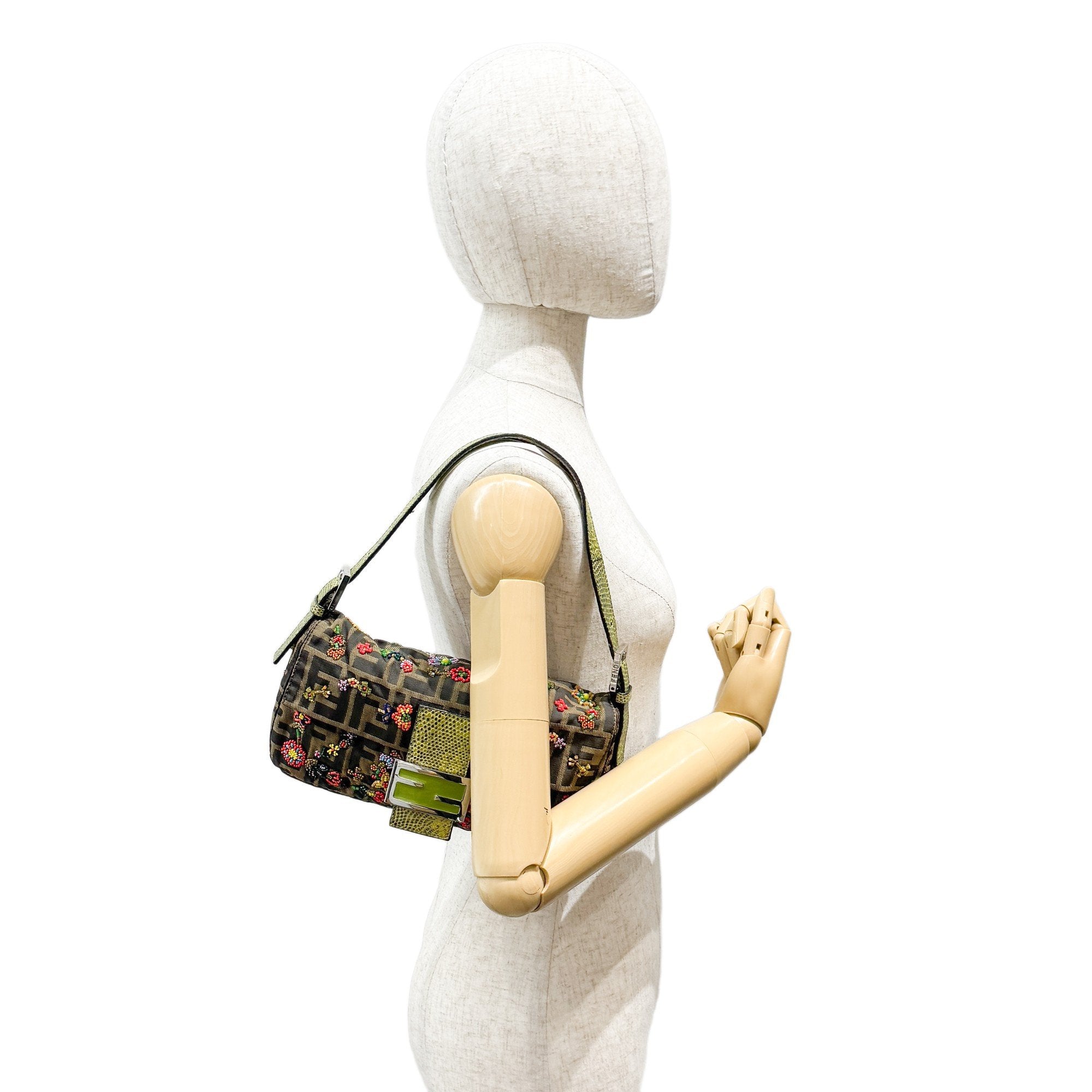 Baguette Brown Python Embossed Hardware Floral Beaded Canvas Shoulder Bag