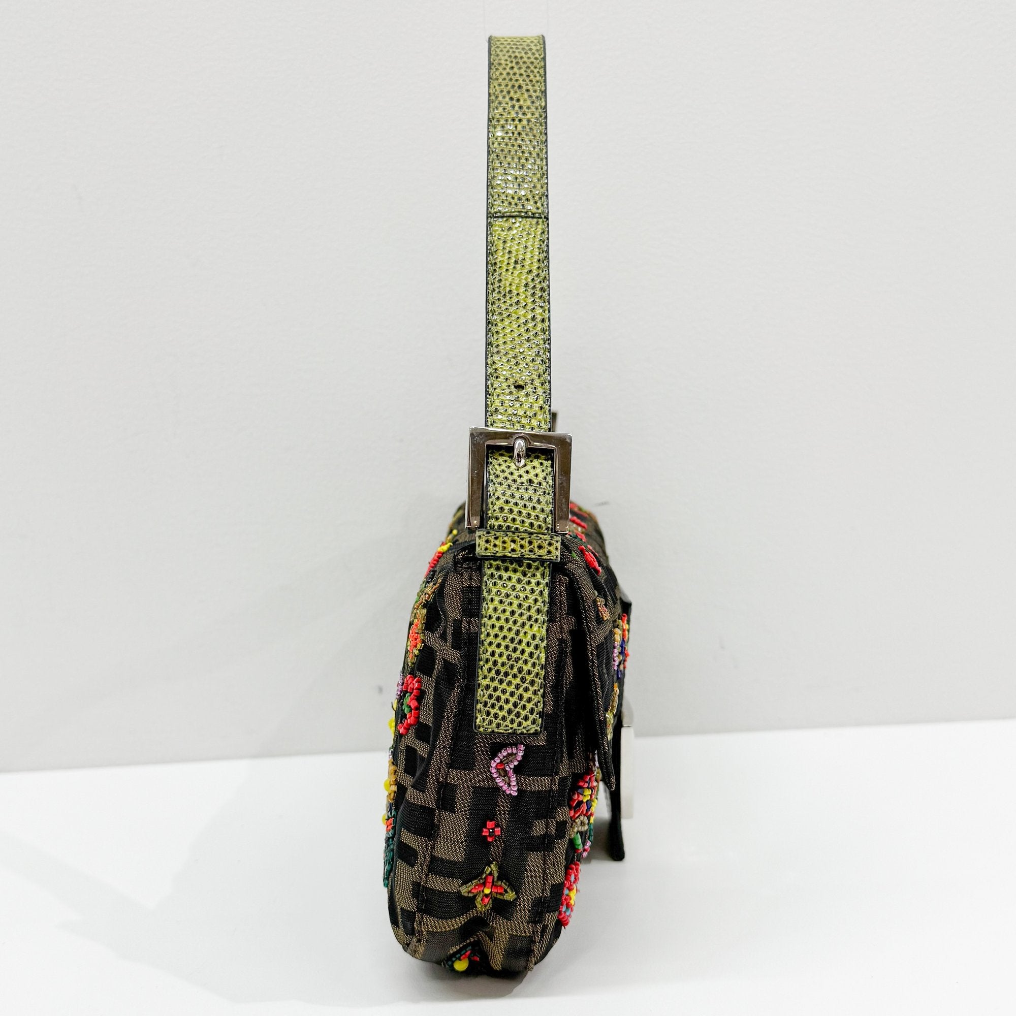 Baguette Brown Python Embossed Hardware Floral Beaded Canvas Shoulder Bag