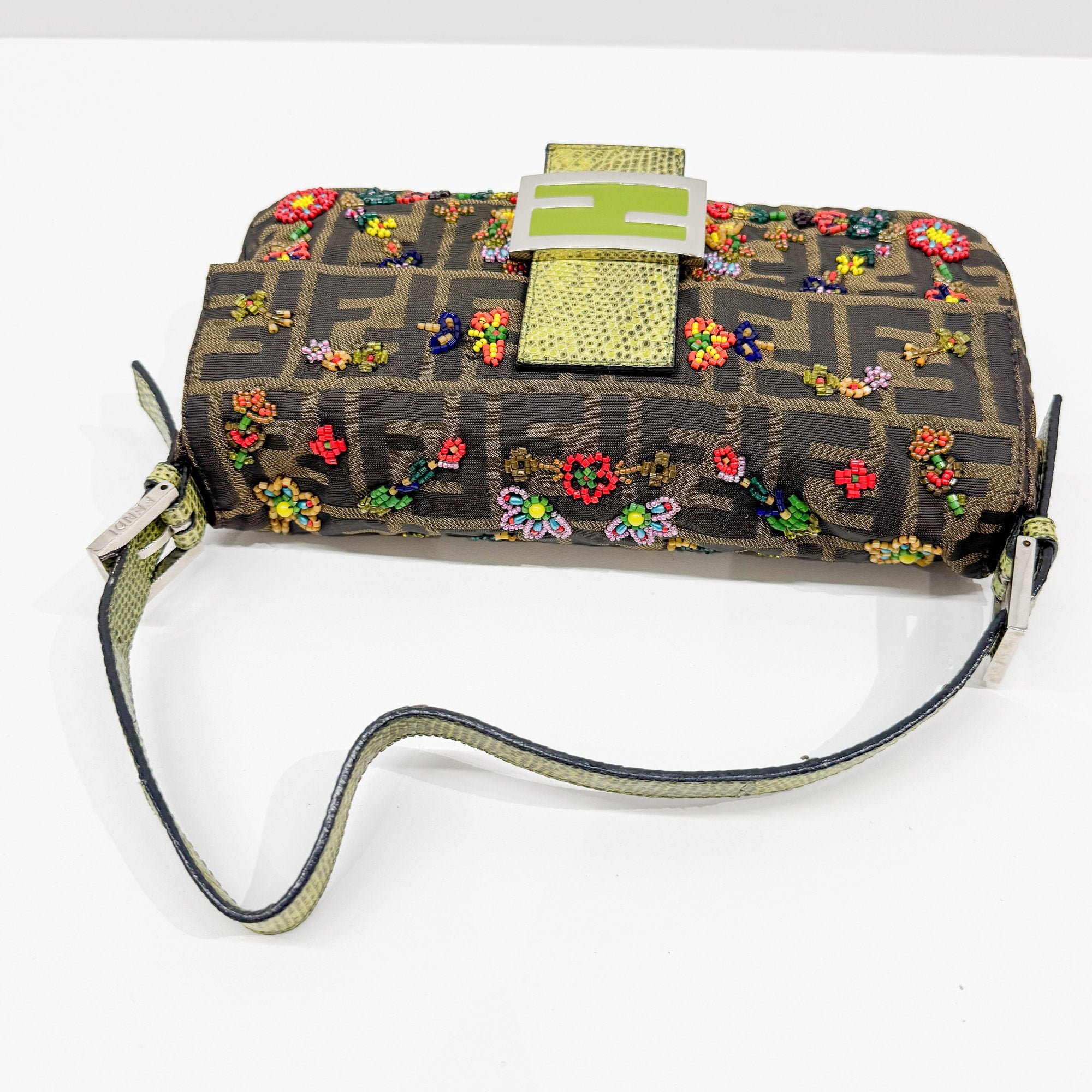 Baguette Brown Python Embossed Hardware Floral Beaded Canvas Shoulder Bag