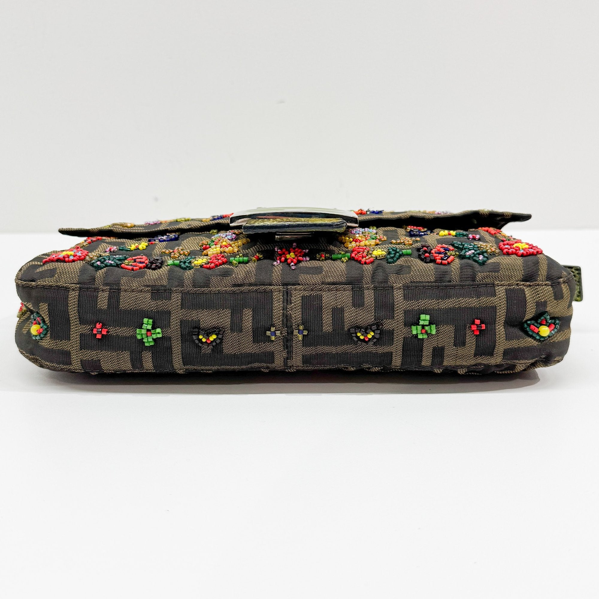 Baguette Brown Python Embossed Hardware Floral Beaded Canvas Shoulder Bag