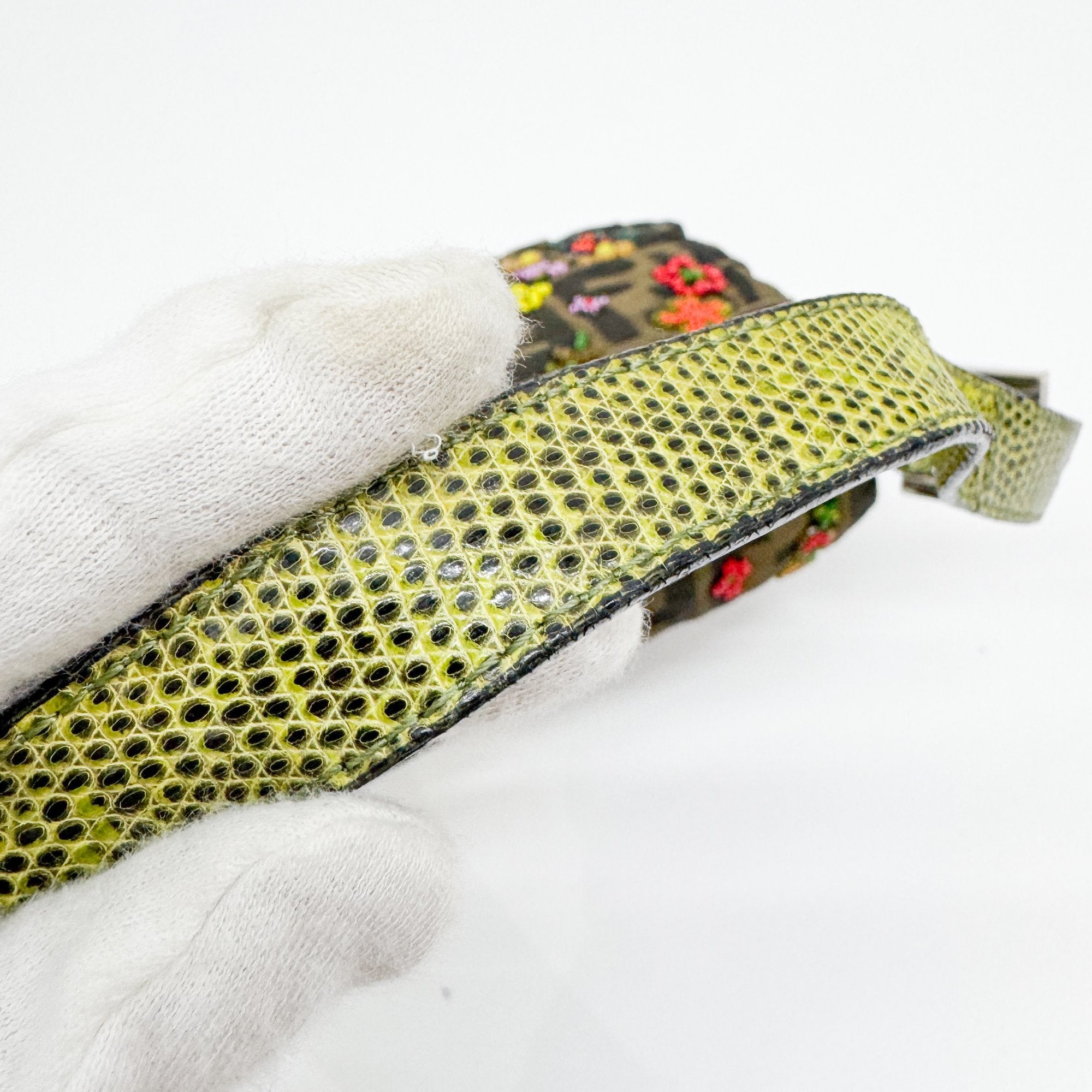 Baguette Brown Python Embossed Hardware Floral Beaded Canvas Shoulder Bag