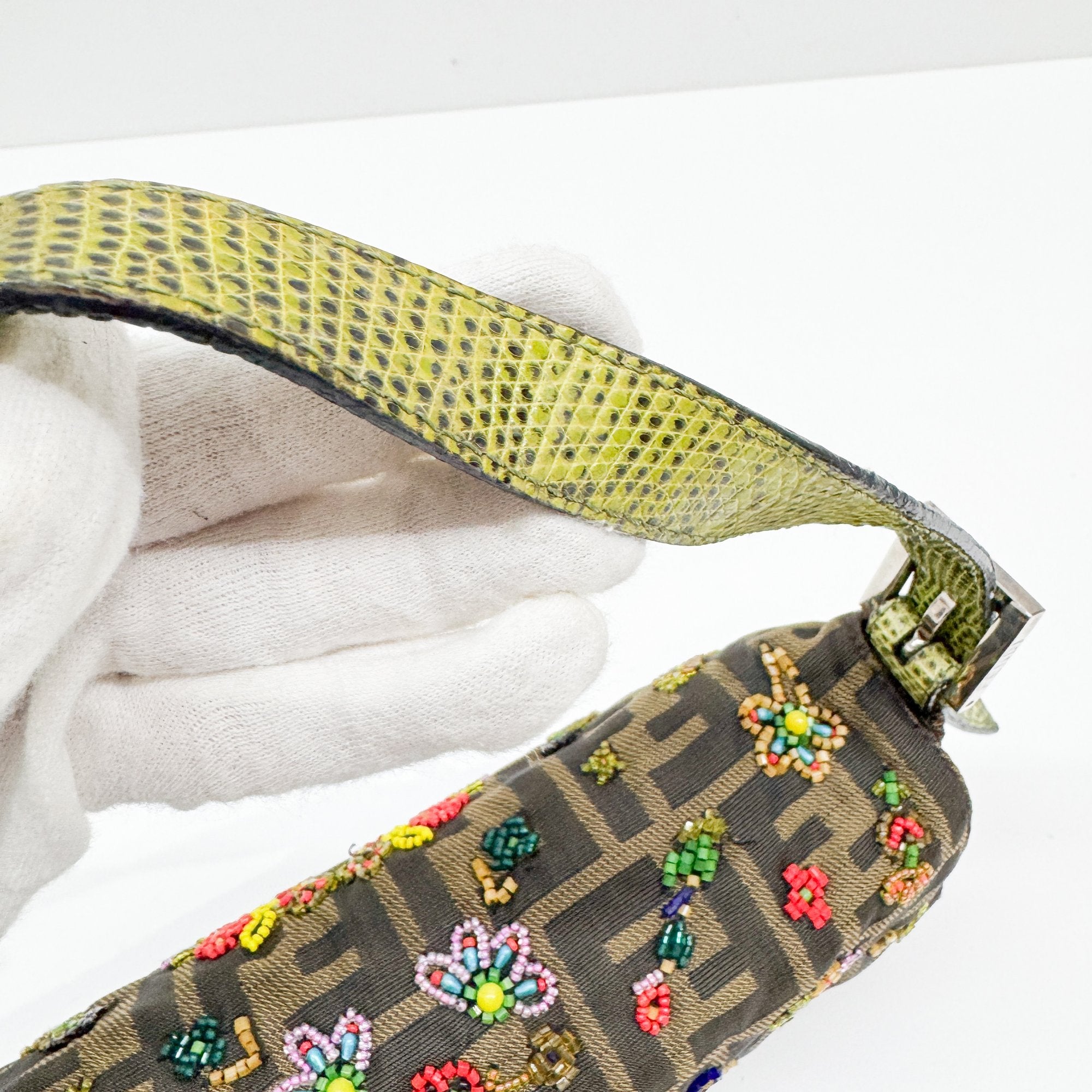 Baguette Brown Python Embossed Hardware Floral Beaded Canvas Shoulder Bag