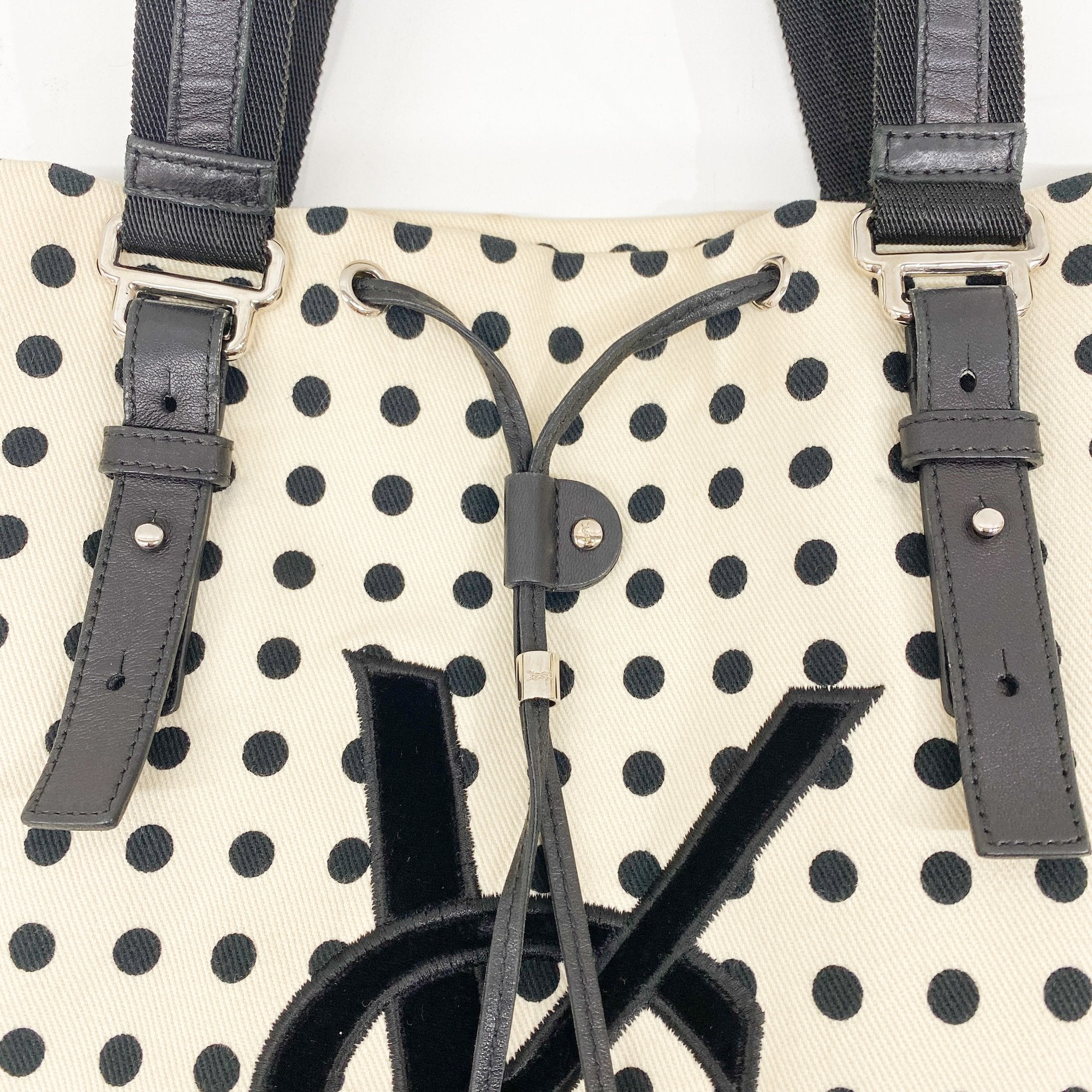 Black Dotted Beige Cotton Tote Bag