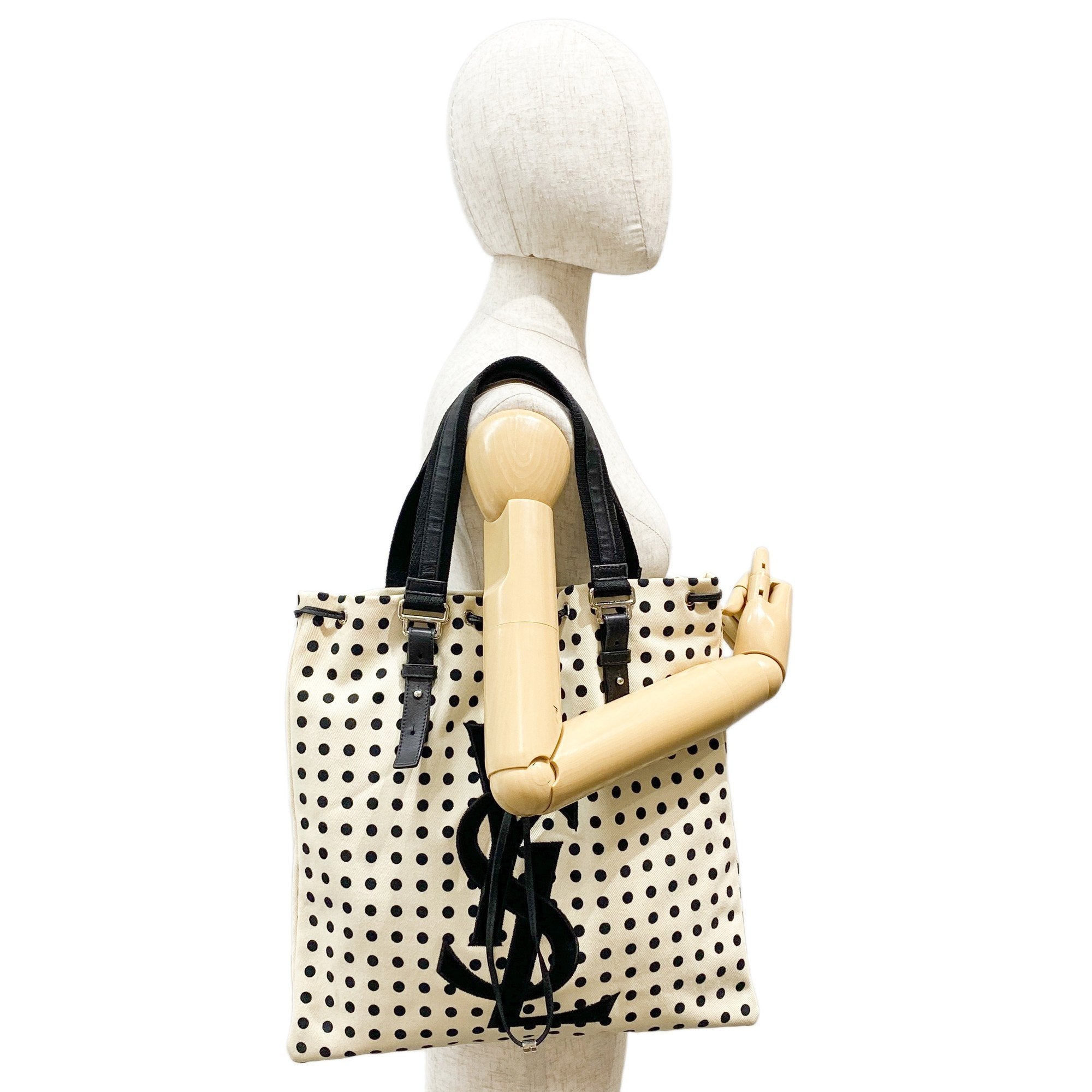 Black Dotted Beige Cotton Tote Bag