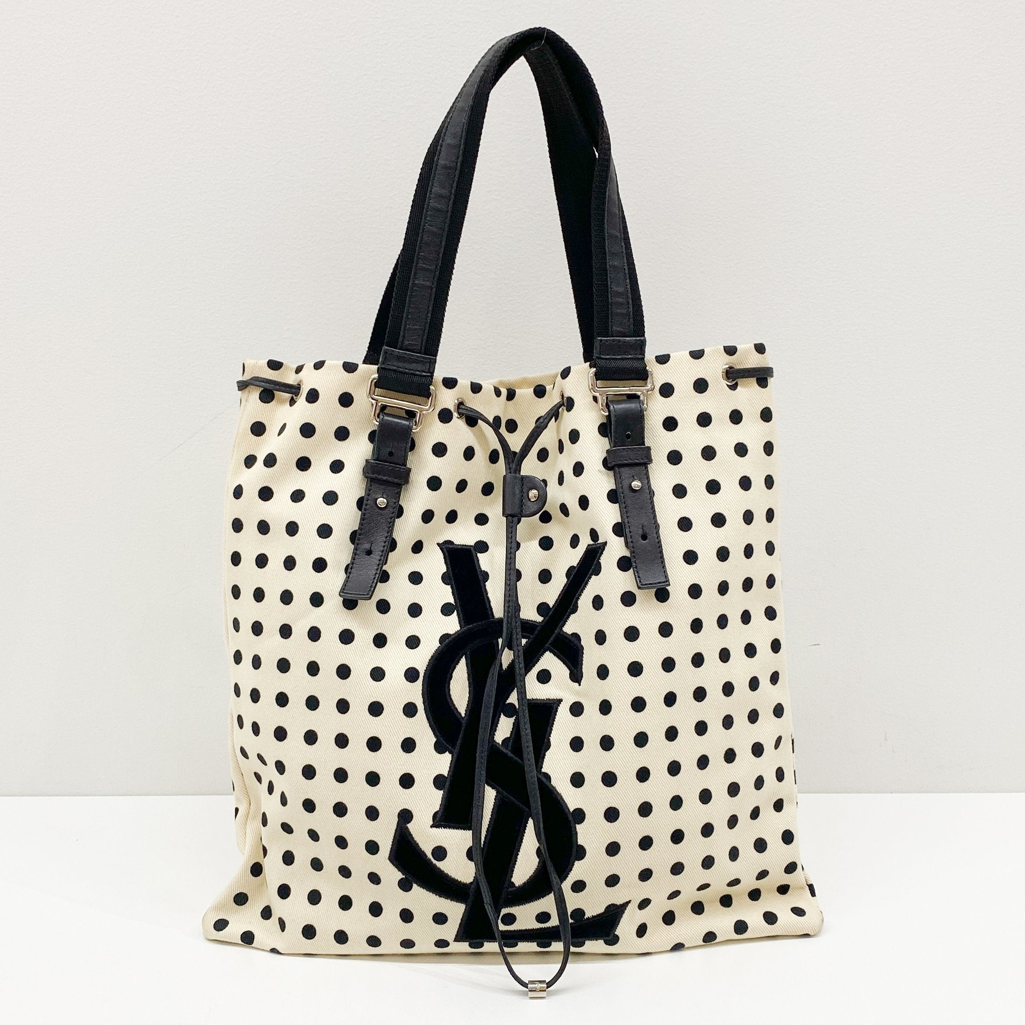 Black Dotted Beige Cotton Tote Bag